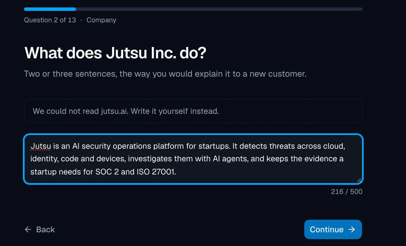 Setup question 2 of 13, 'What does Jutsu Inc. do?', with a note 'We could not read jutsu.ai. Write it yourself instead.' and a text box holding a typed two-sentence company description, counter 216 / 500, and Back and Continue buttons.