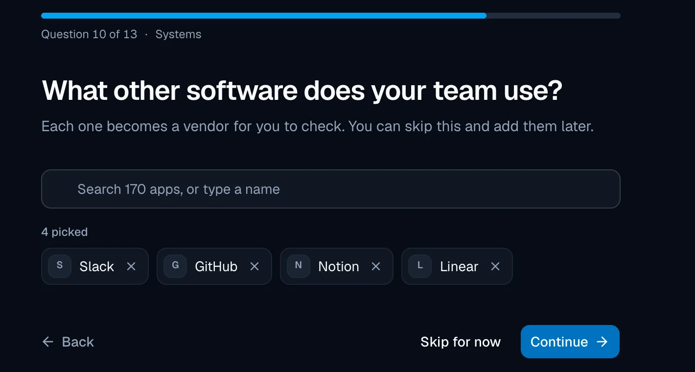 Setup question 10 of 13, 'What other software does your team use?', with a search box 'Search 170 apps, or type a name', '4 picked' chips (Slack, GitHub, Notion, Linear), and Back, 'Skip for now' and Continue buttons.