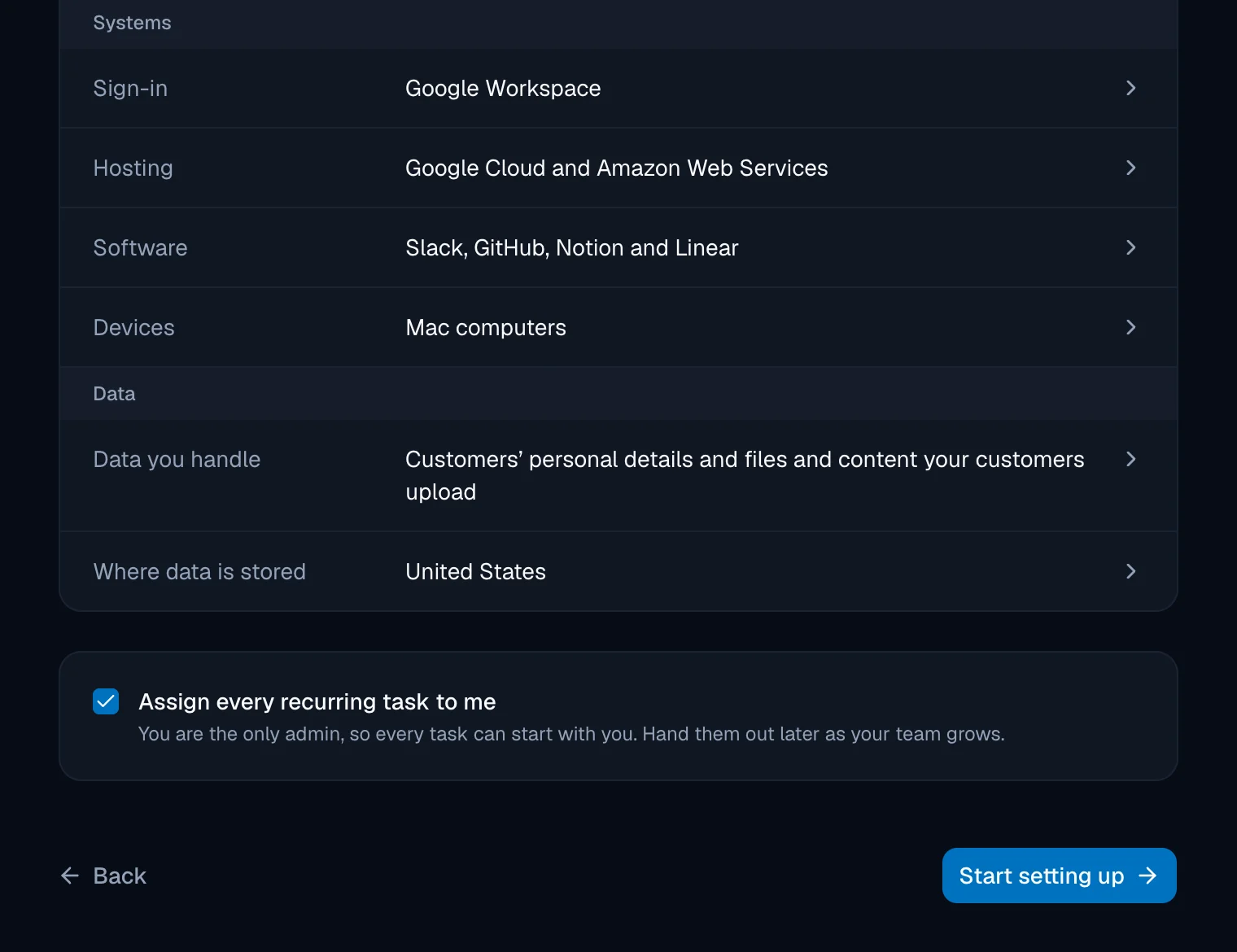The lower part of the confirm screen: answers for Systems (Sign-in Google Workspace, Hosting Google Cloud and Amazon Web Services, Software Slack, GitHub, Notion and Linear, Devices Mac computers) and Data, then a ticked card 'Assign every recurring task to me', a Back link and a blue 'Start setting up' button.