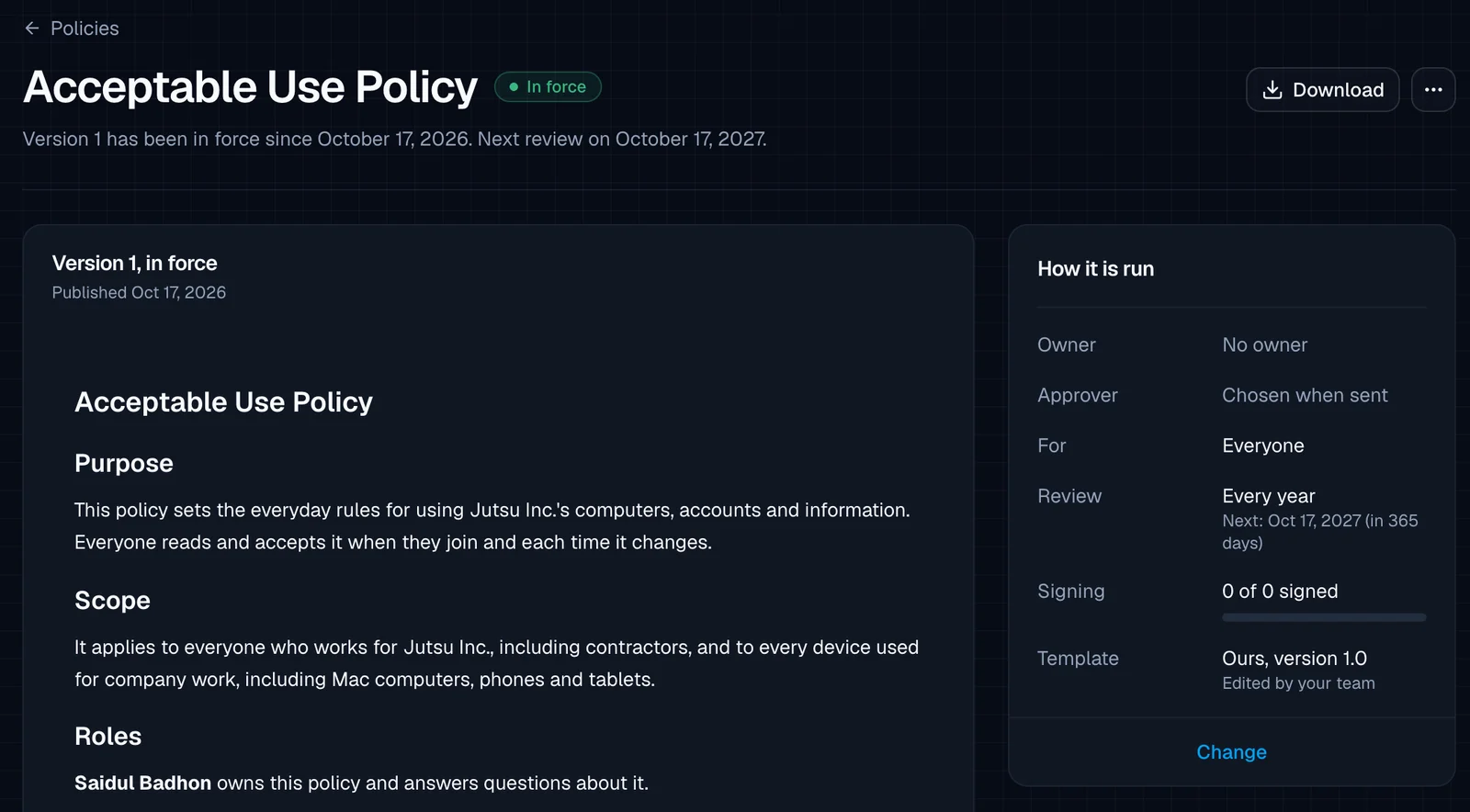The Acceptable Use Policy page with a green 'In force' badge, 'Version 1 has been in force since October 17, 2026. Next review on October 17, 2027.', a 'Version 1, in force' text panel, and a 'How it is run' card (Owner, Approver, For Everyone, Review Every year, Signing 0 of 0 signed, Template).
