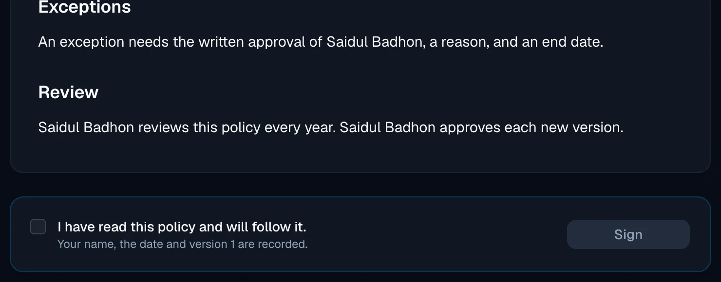 The end of a policy in the employee portal, with the closing 'Exceptions' and 'Review' sections and a box with an unticked checkbox 'I have read this policy and will follow it.', the line 'Your name, the date and version 1 are recorded.' and a greyed Sign button.