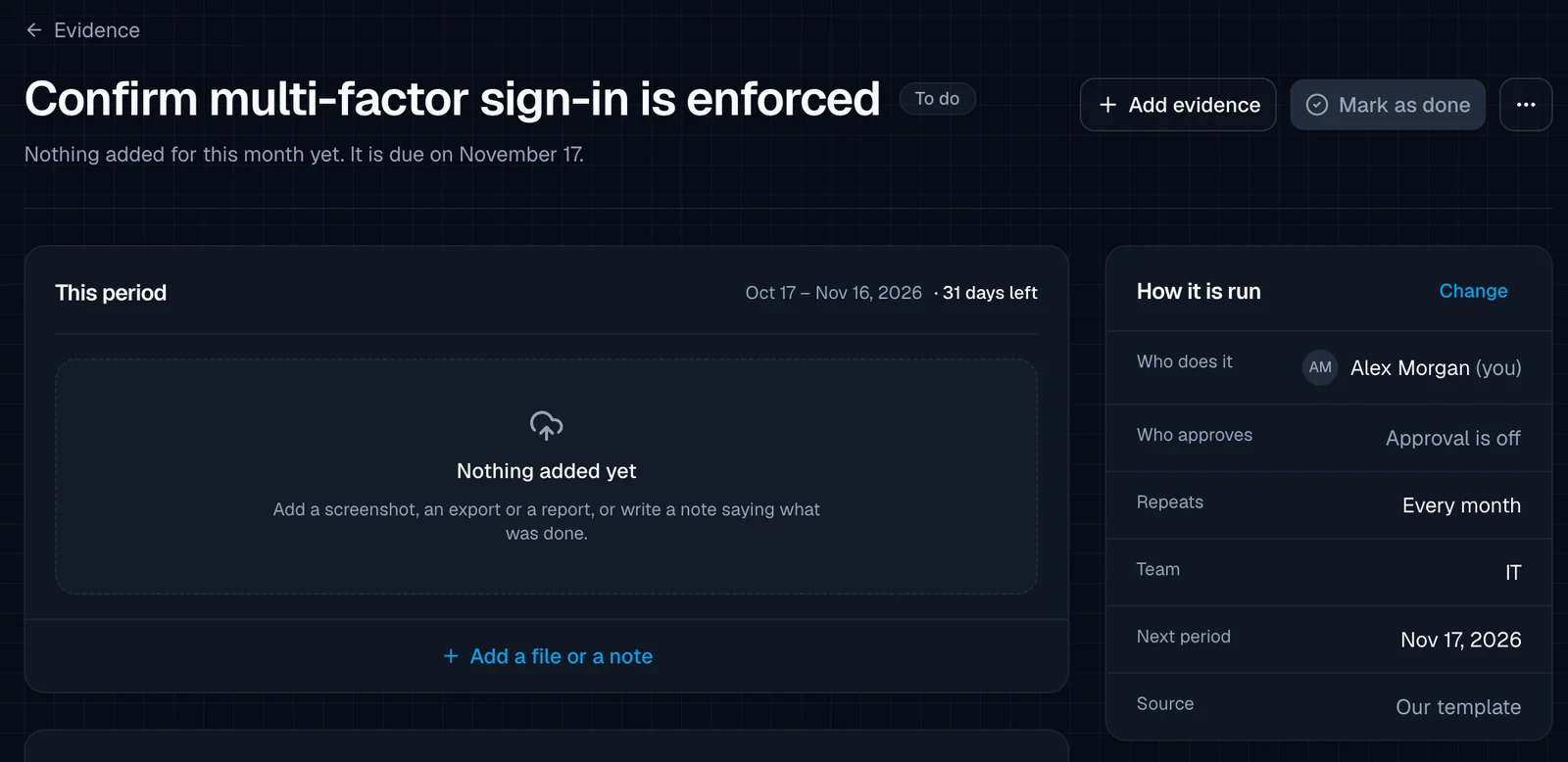 The evidence task 'Confirm multi-factor sign-in is enforced' with a To do badge, 'Add evidence' and 'Mark as done' buttons, a 'This period' card (Oct 17 to Nov 16, 2026, 31 days left, 'Nothing added yet'), and a 'How it is run' card (Who does it Alex Morgan, Approval is off, Repeats Every month, Team IT, Next period Nov 17, 2026).