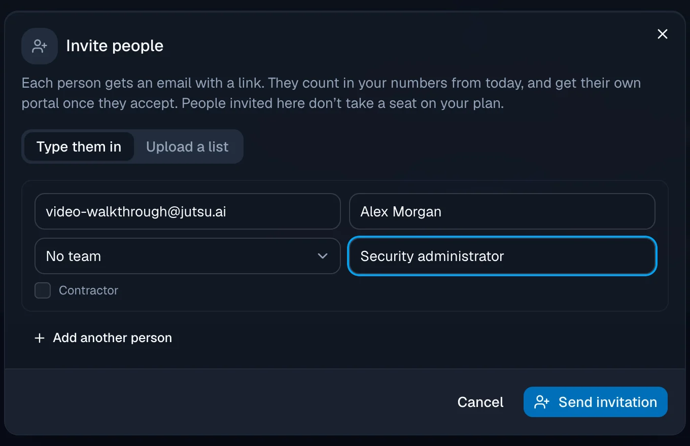 An 'Invite people' dialog on the 'Type them in' tab with email video-walkthrough@jutsu.ai, name Alex Morgan, team 'No team', job title Security administrator, a Contractor checkbox, an 'Add another person' link, and Cancel and 'Send invitation' buttons.