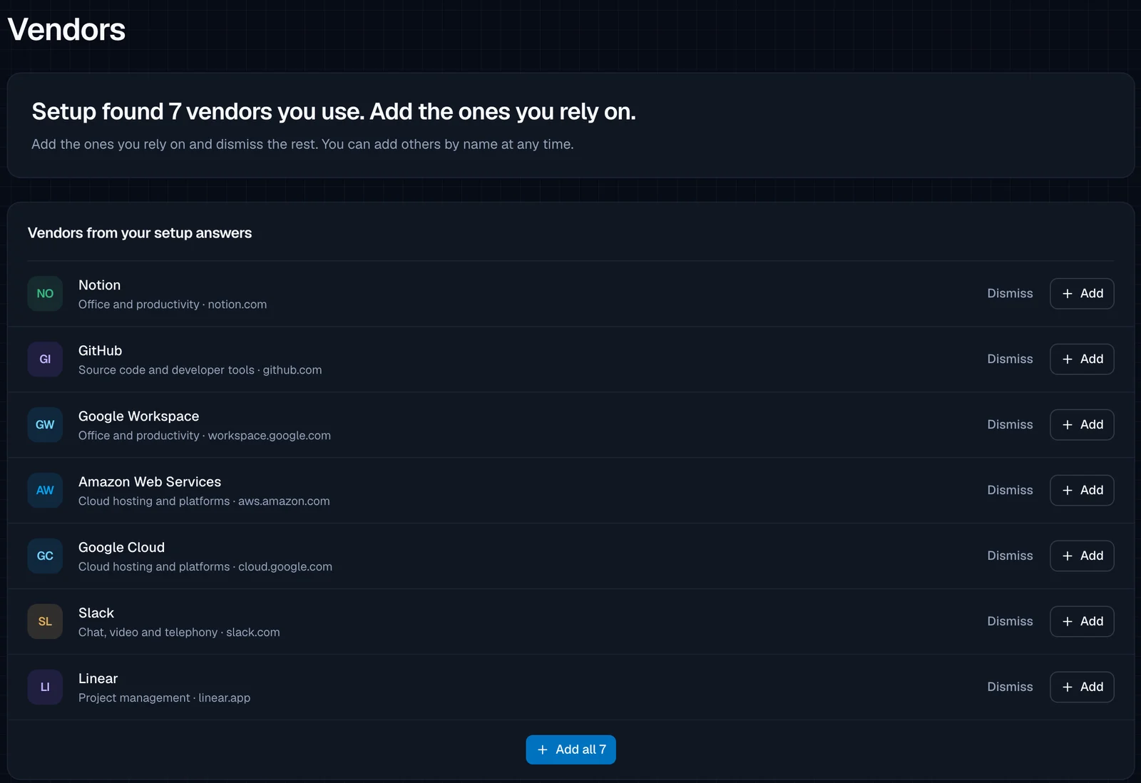 The Vendors page: 'Setup found 7 vendors you use. Add the ones you rely on.' and a list of Notion, GitHub, Google Workspace, Amazon Web Services, Google Cloud, Slack and Linear, each with Dismiss and Add buttons, and an 'Add all 7' button.