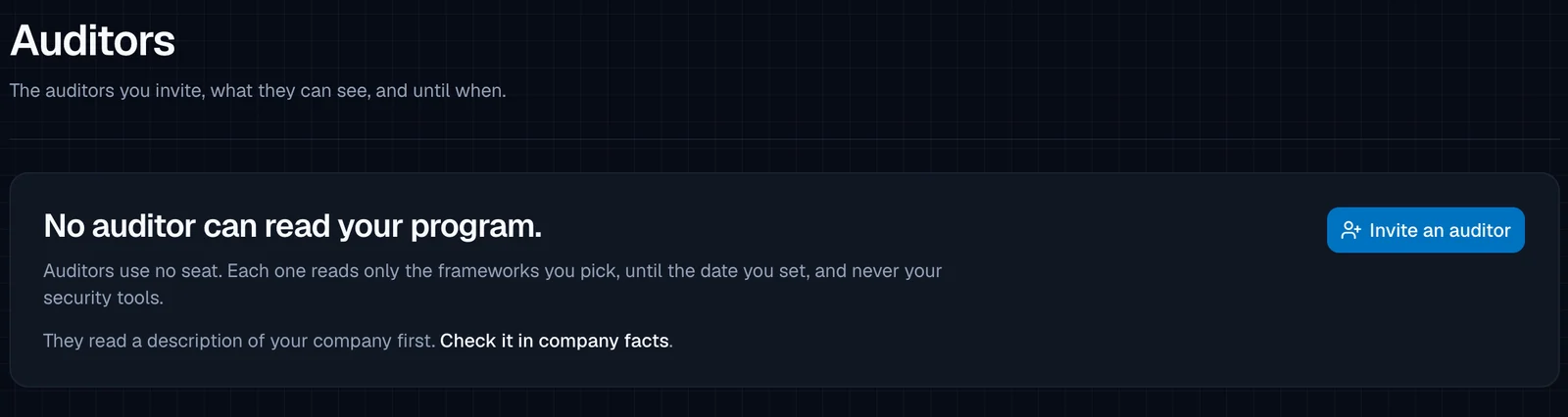The Auditors page with the card 'No auditor can read your program.', text saying auditors use no seat and read only the frameworks you pick until the date you set, and an 'Invite an auditor' button.