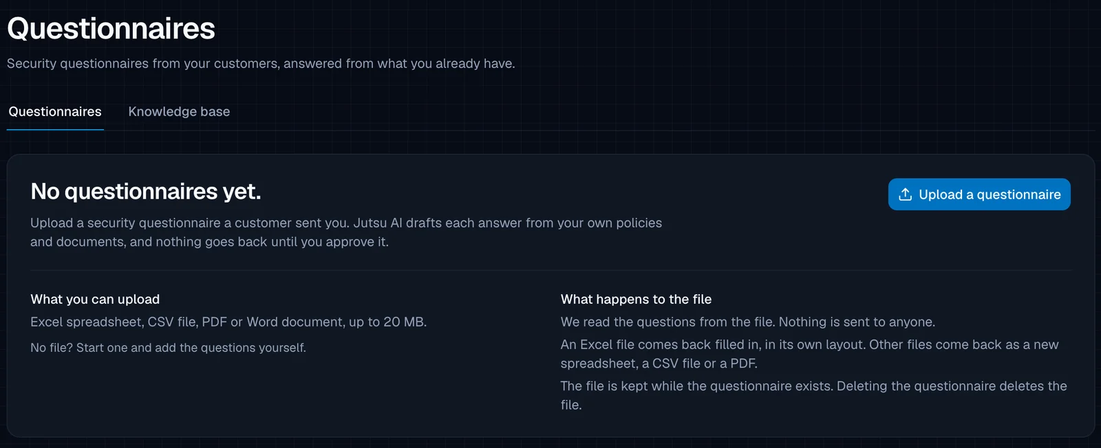 The Questionnaires page with 'No questionnaires yet.', text that Jutsu AI drafts each answer from your own policies and documents and nothing goes back until you approve it, an 'Upload a questionnaire' button, and notes on what you can upload (Excel, CSV, PDF or Word, up to 20 MB) and what happens to the file.