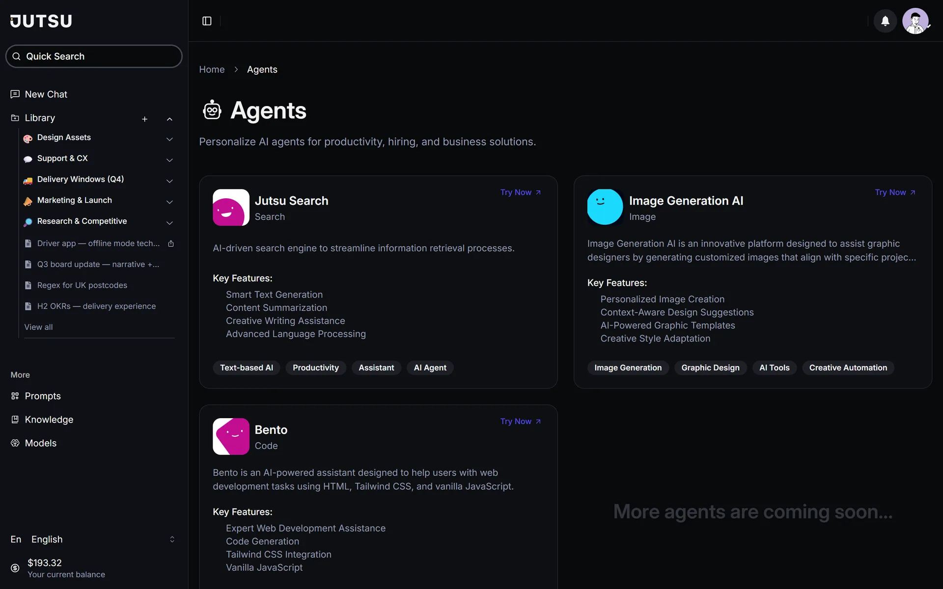 Agents: search, image generation and Bento, a code assistant for web UIs.