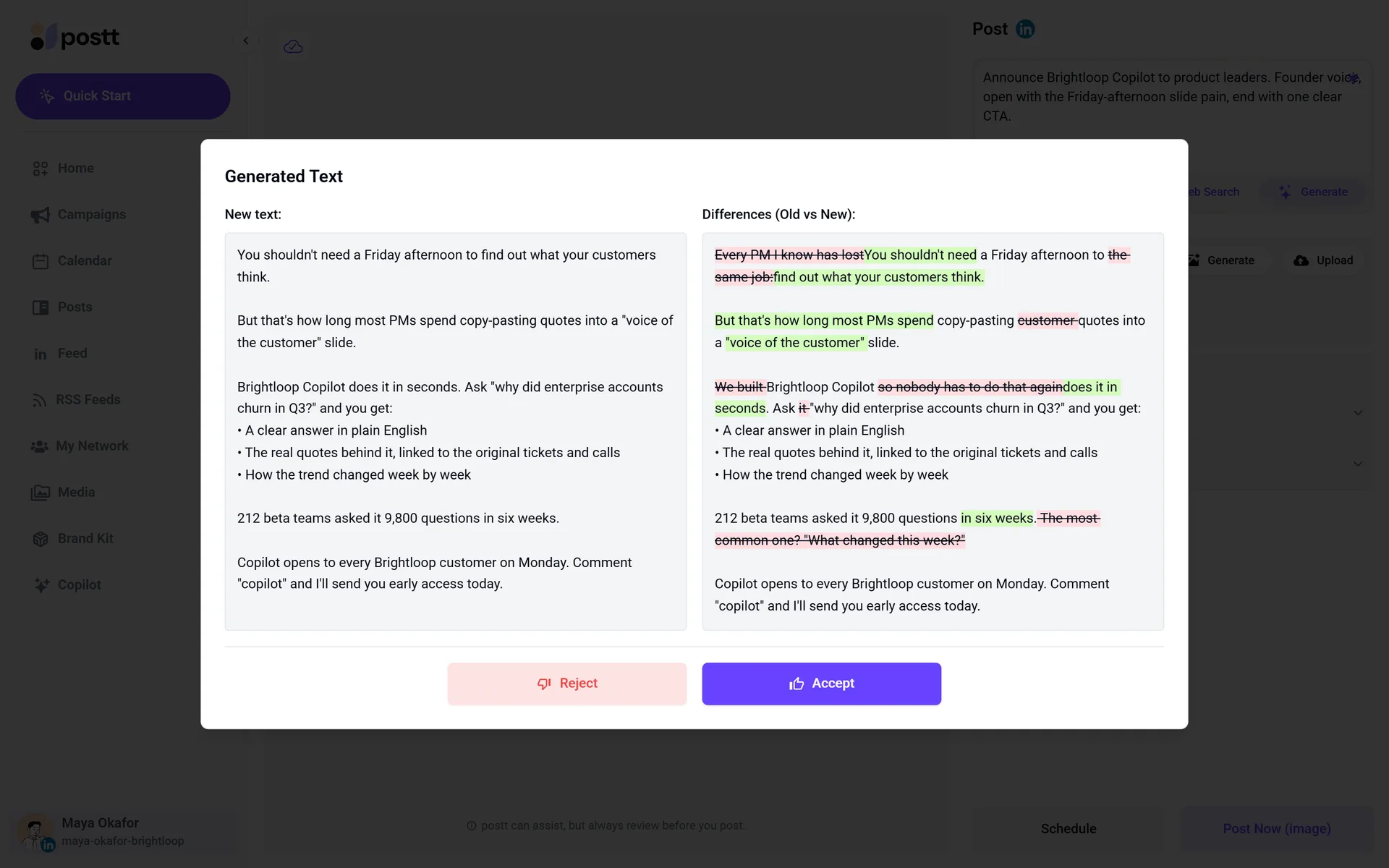 An AI rewrite shown as a diff against the original, to accept or reject.