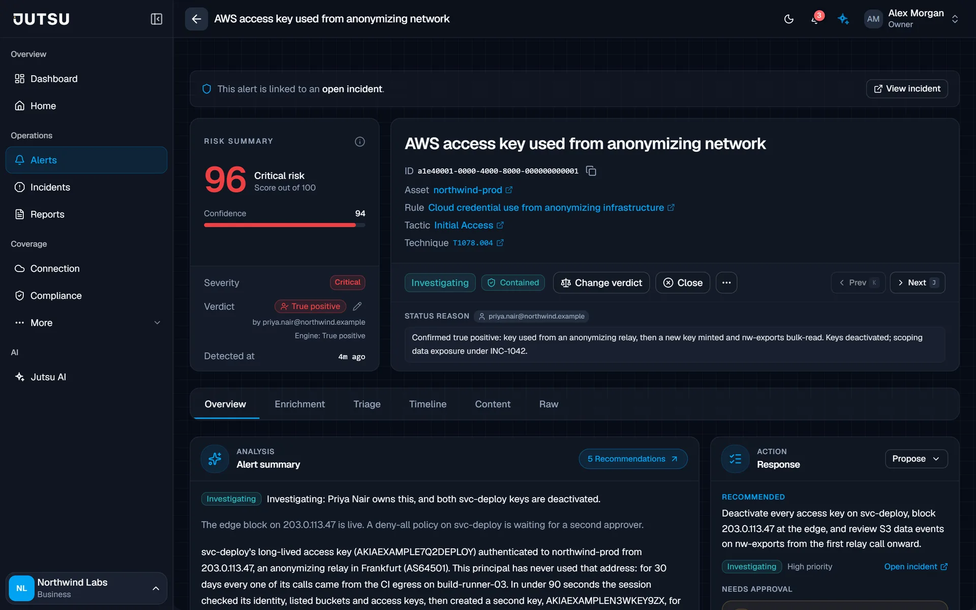 An alert's risk score, analyst verdict and AI summary.
