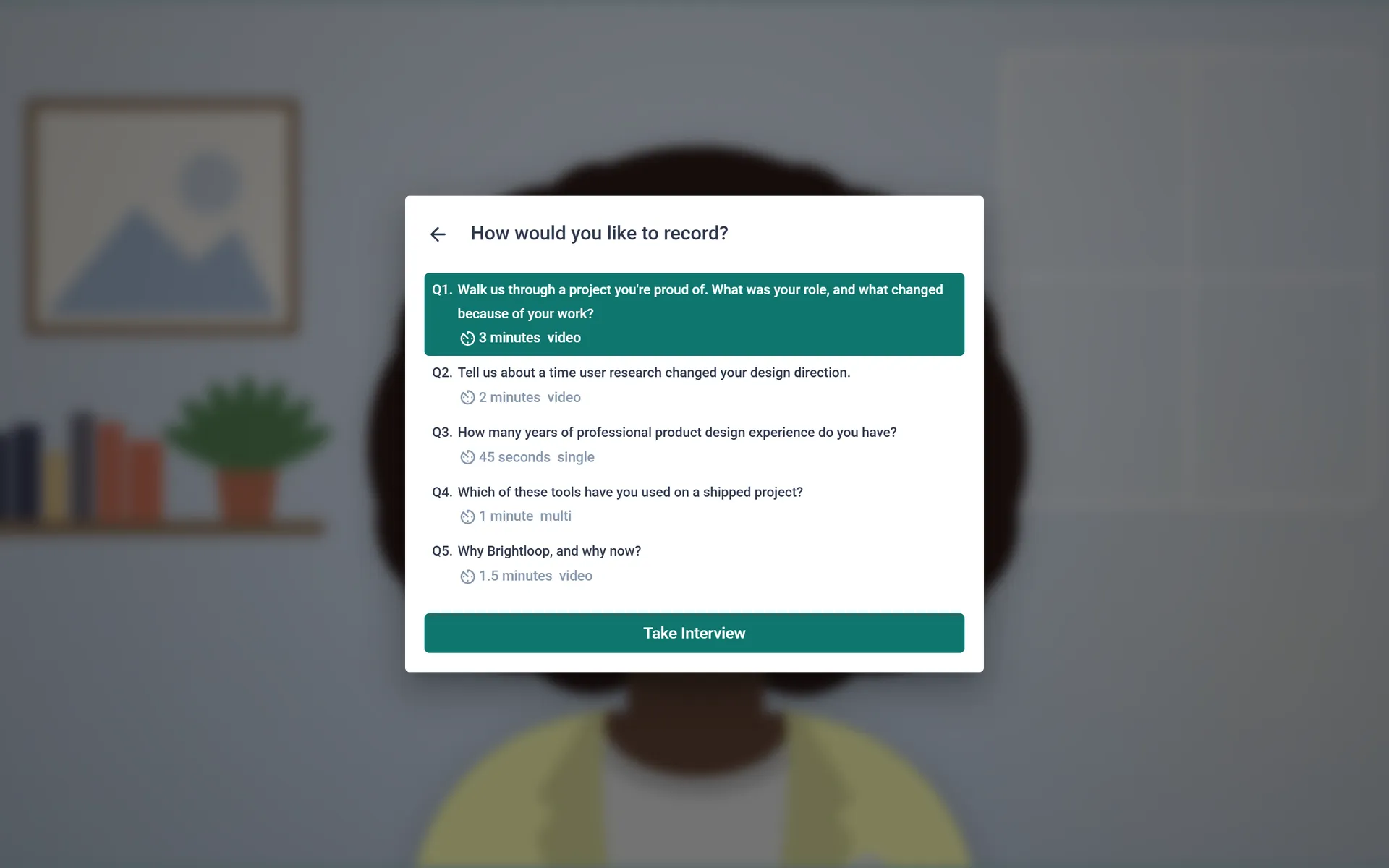 The interview's questions, with a time limit for each.
