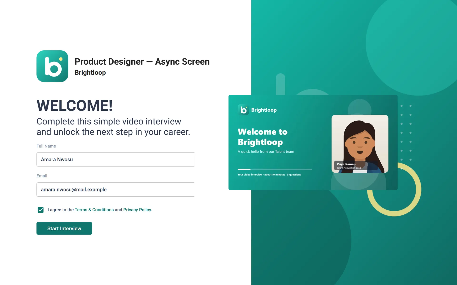 A company-branded welcome page with the intro video and consent.