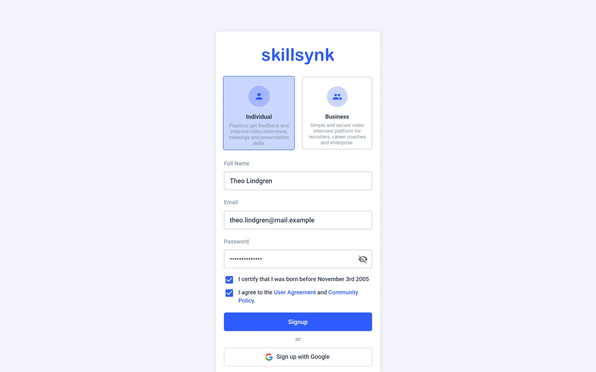 Signing up as an individual or a business.