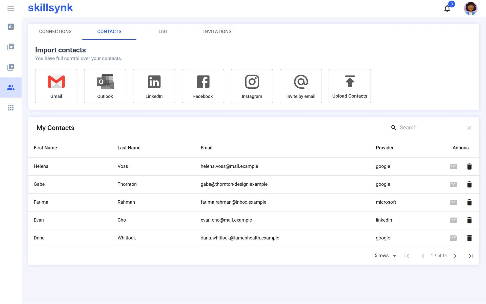 Importing contacts from email providers or a CSV file.
