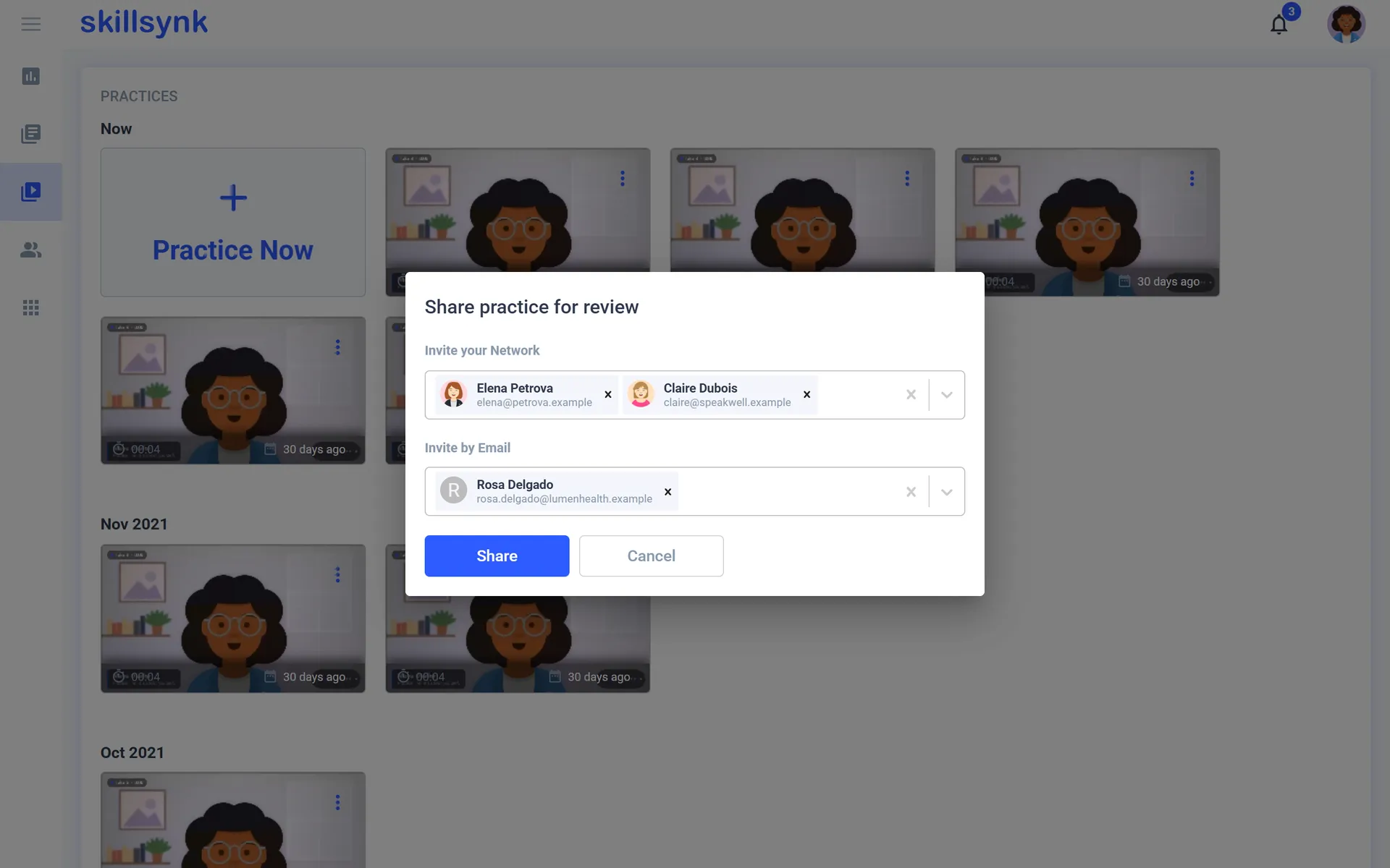 Sharing a practice with connections or by email for review.