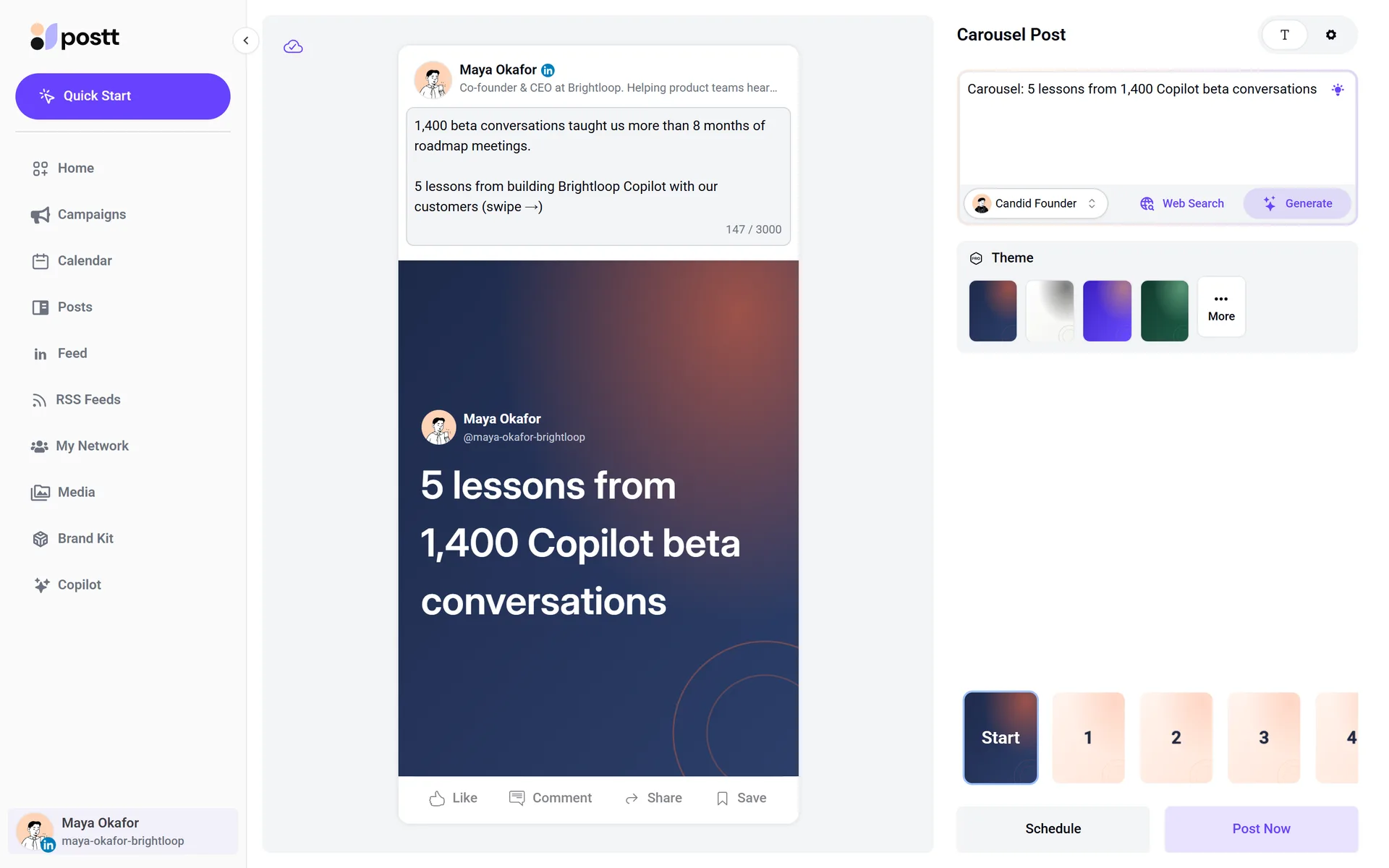 The carousel builder, with AI-written slides and themes.