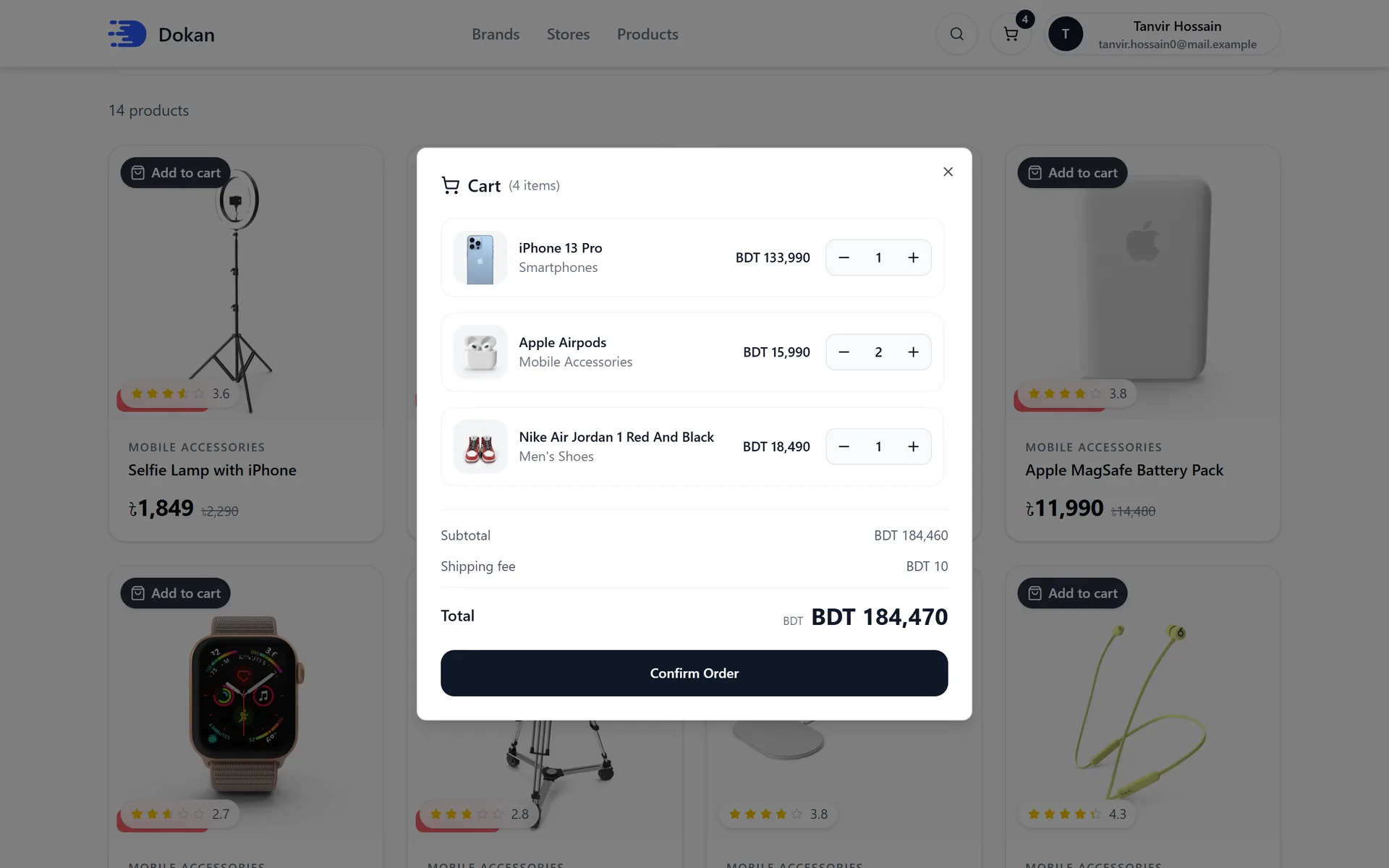 The cart, with items from more than one store.