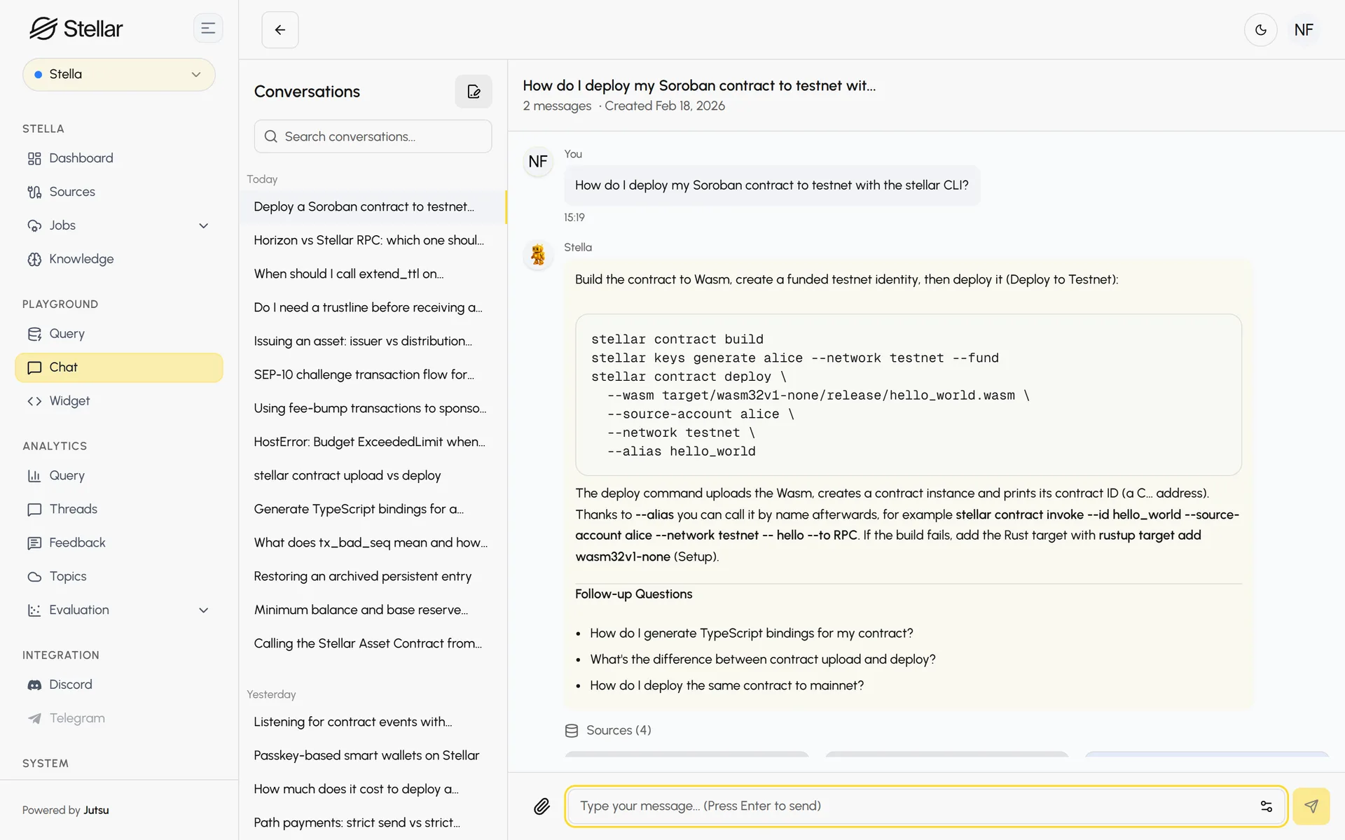 The studio's chat playground: deploying a Soroban contract to testnet with the stellar CLI.