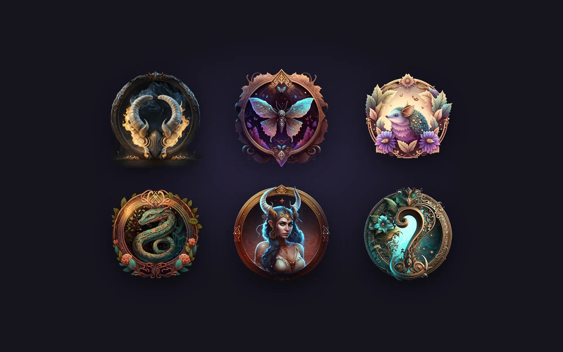 Some of the collectible art that ships with the app, including the Aries season token and the card back.