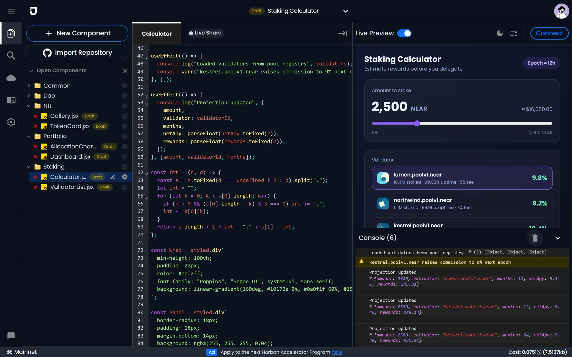 A staking calculator with the preview console open, capturing the component's logs.