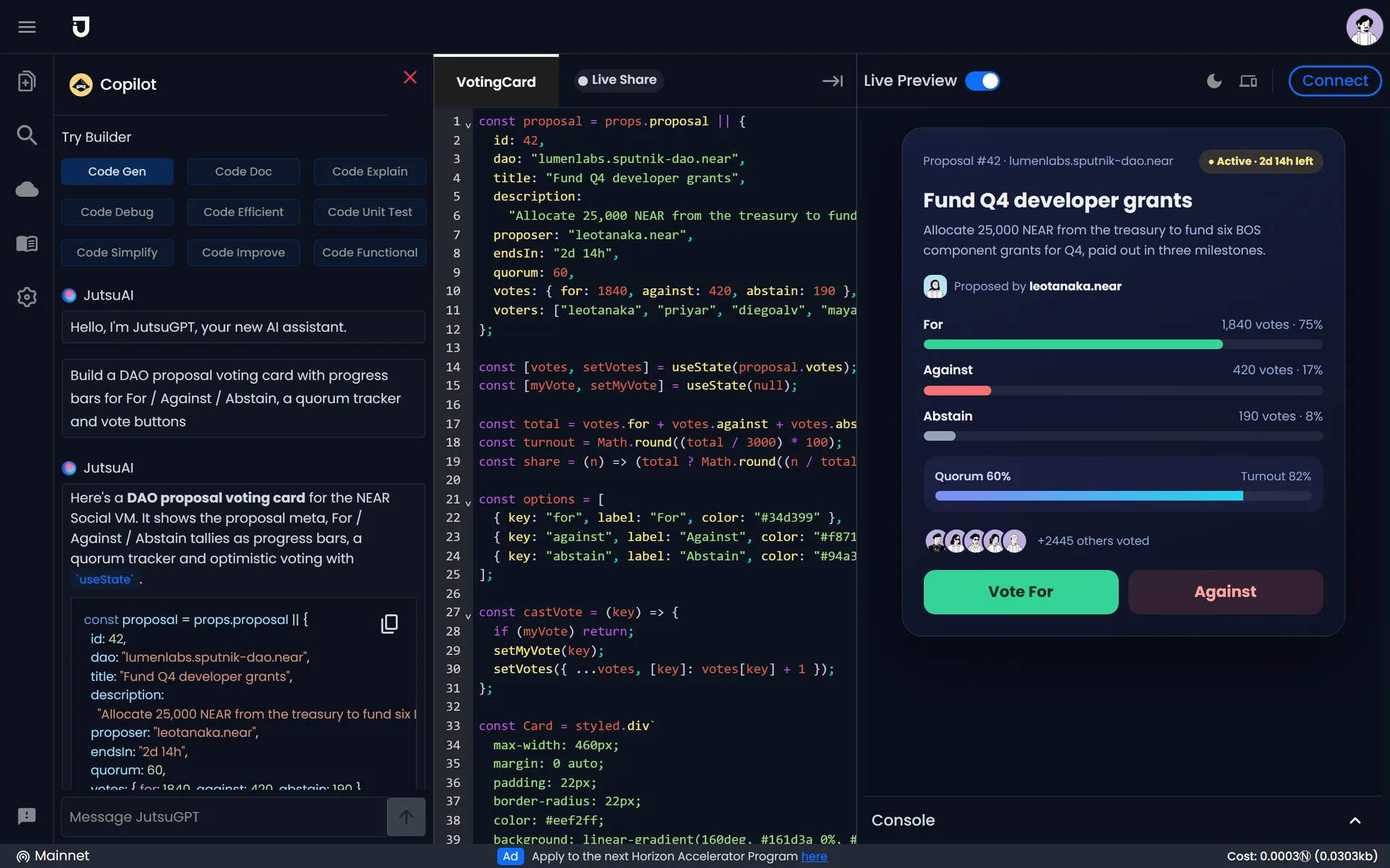 JutsuGPT writing a DAO proposal voting card, with the generated component running in the preview.