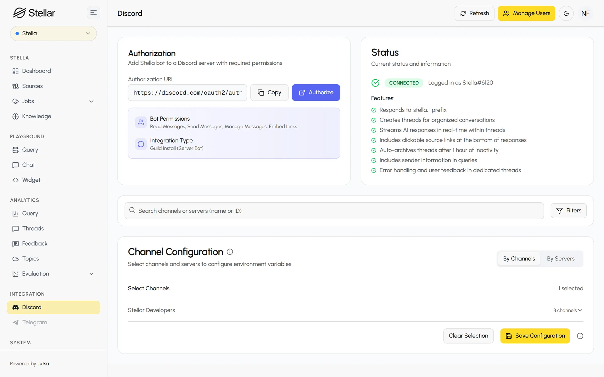 The Discord integration: the bot's connection status and what it does in the server.