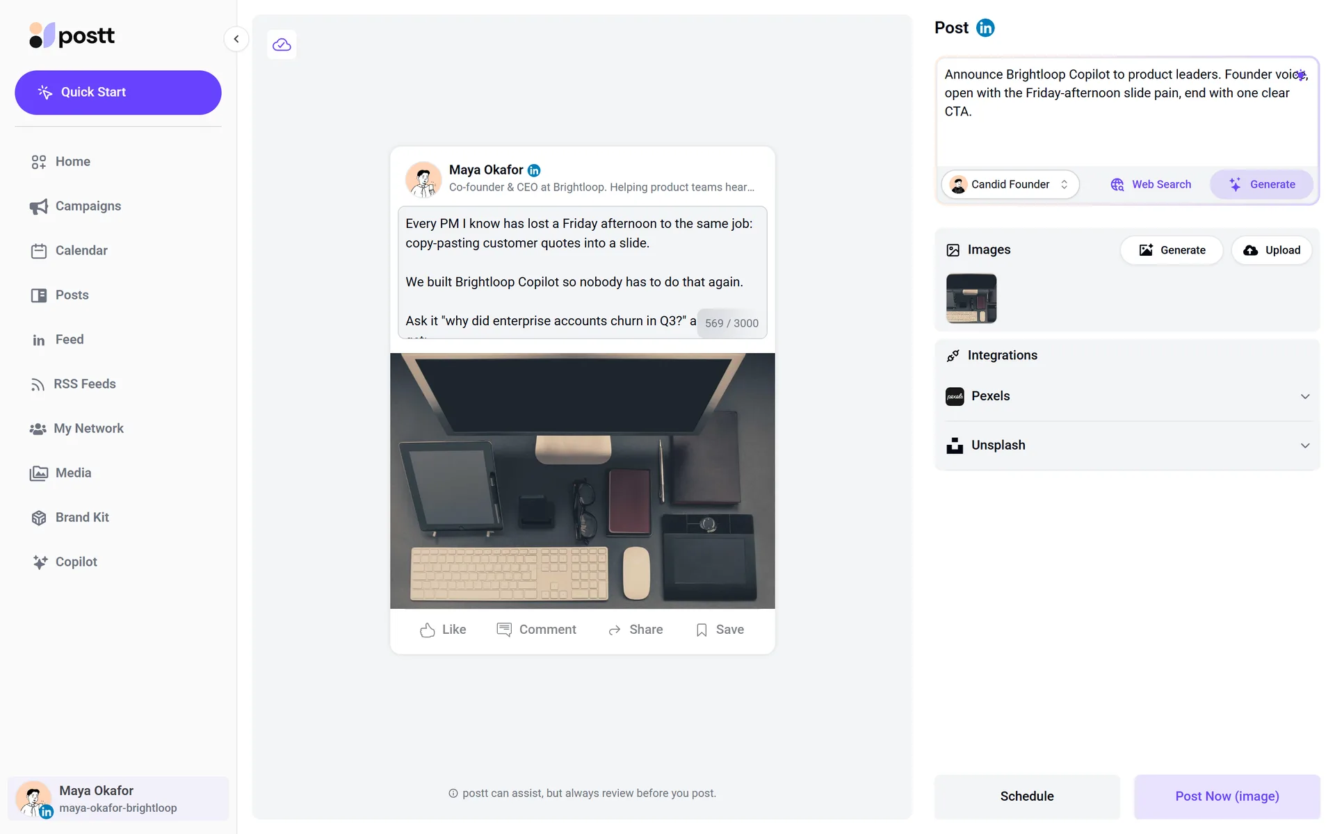The post editor: a prompt, a writing persona and web search on the right, a live LinkedIn preview on the left.