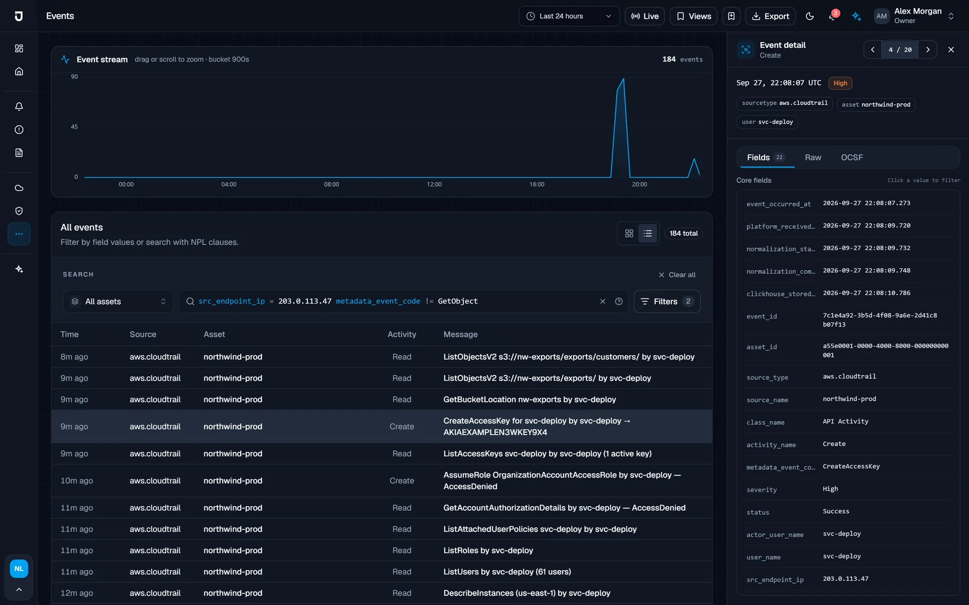 Event search pivoting on an attacker IP, with the normalized event inspector.