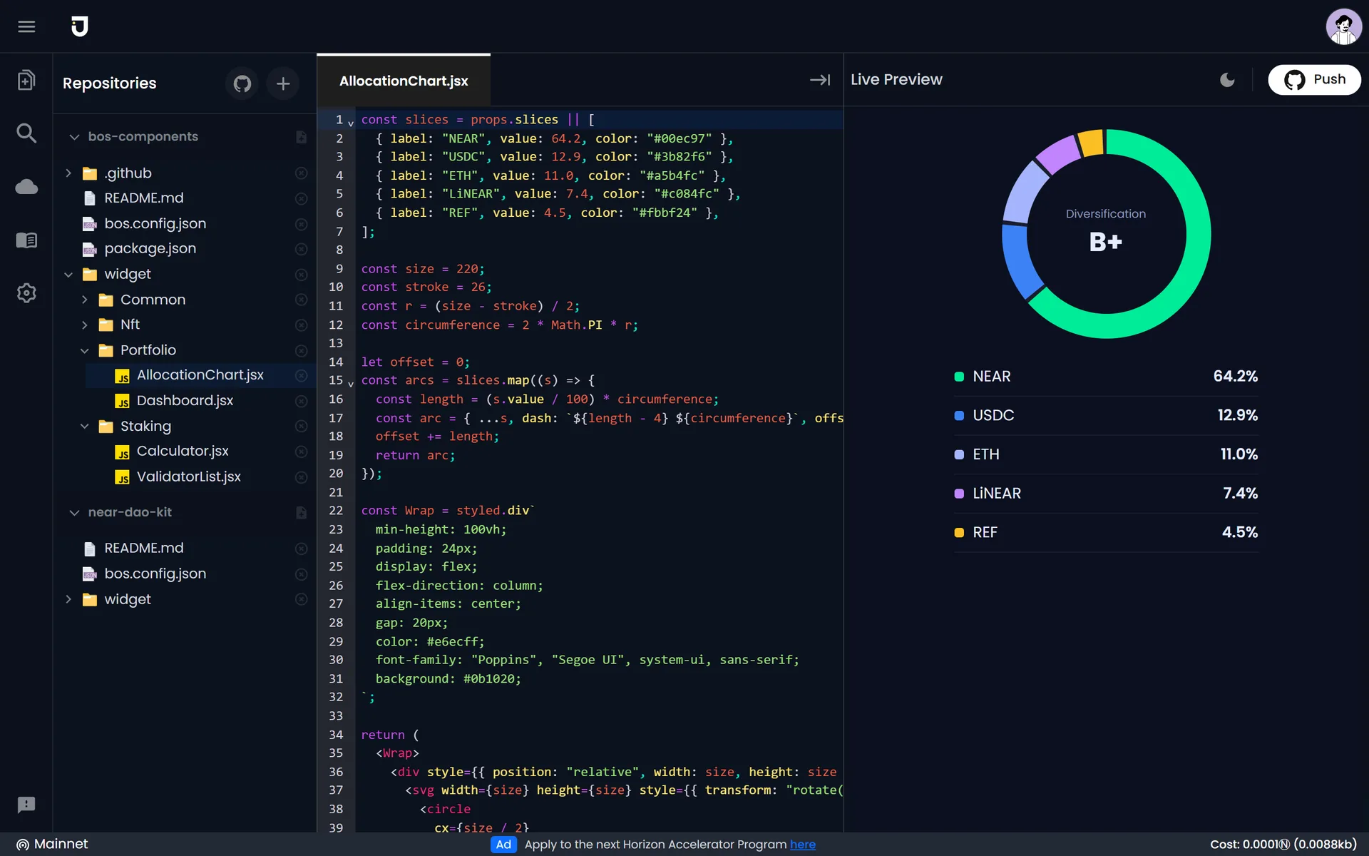 A GitHub repository opened in the IDE, with its file tree, a component and its preview.