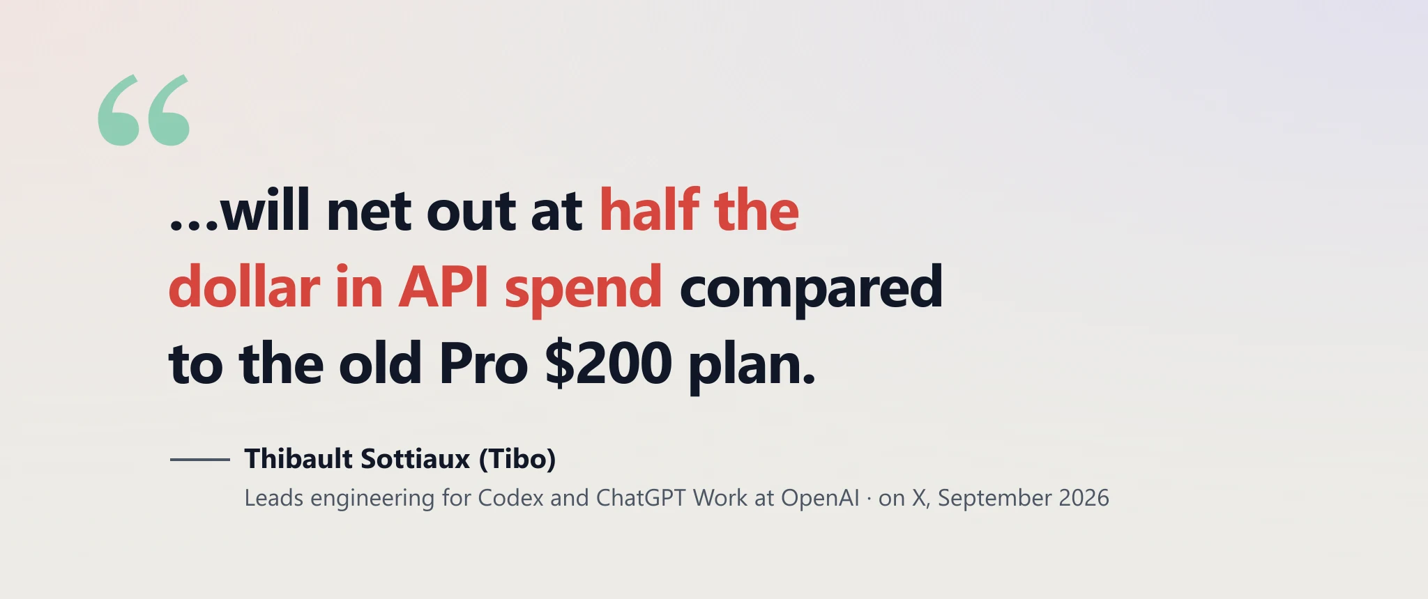 A quote from Thibault Sottiaux of OpenAI: …will net out at half the dollar in API spend compared to the old Pro $200 plan.