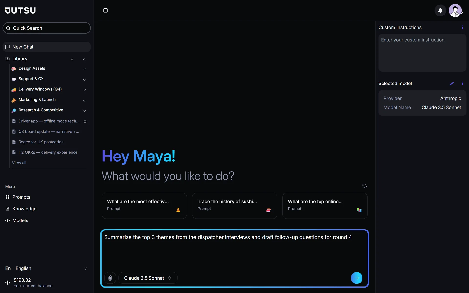The start page, with suggested prompts and the model selector.