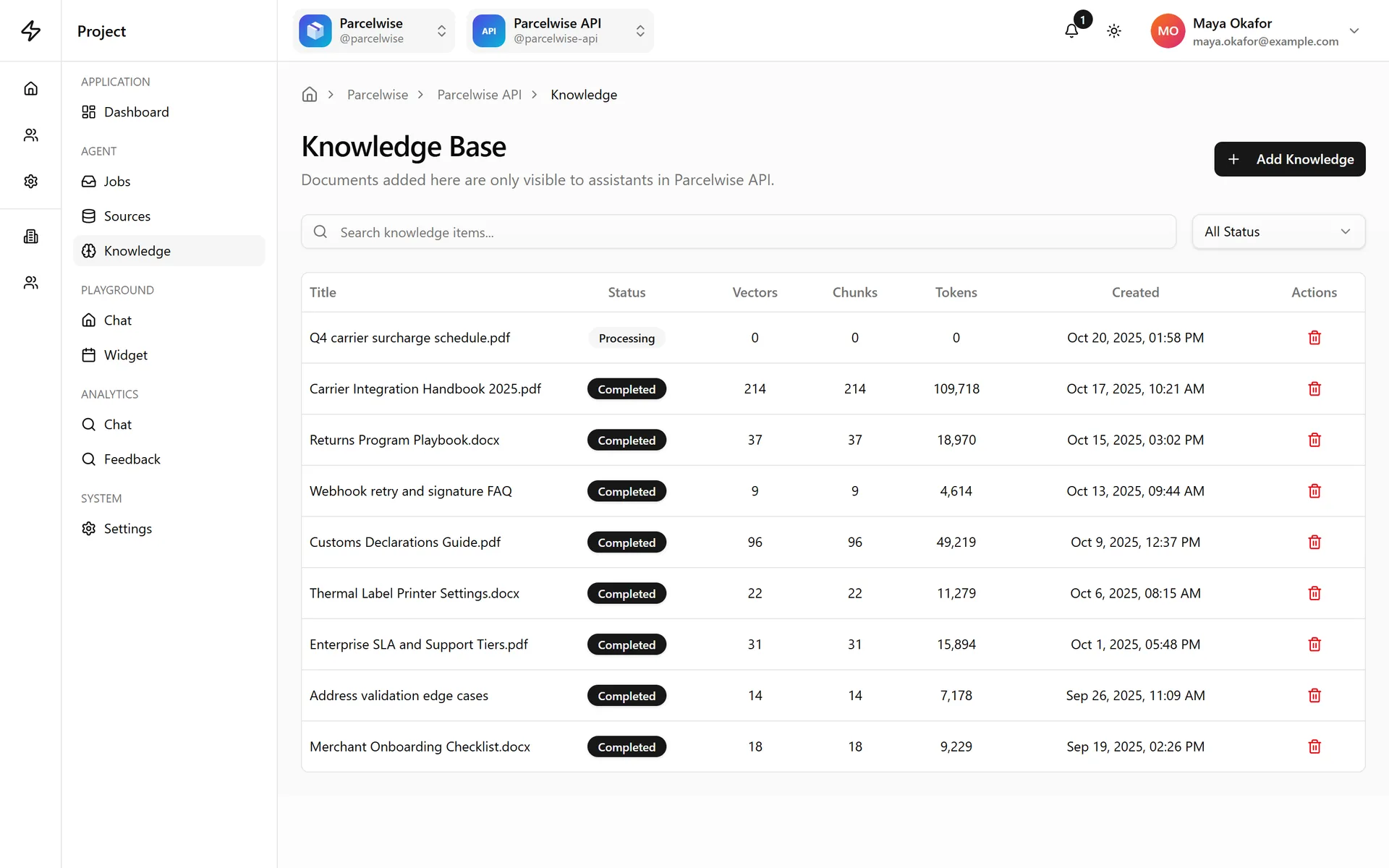 The knowledge base: uploaded PDF and Word files and text notes, with their vectors, chunks and tokens.