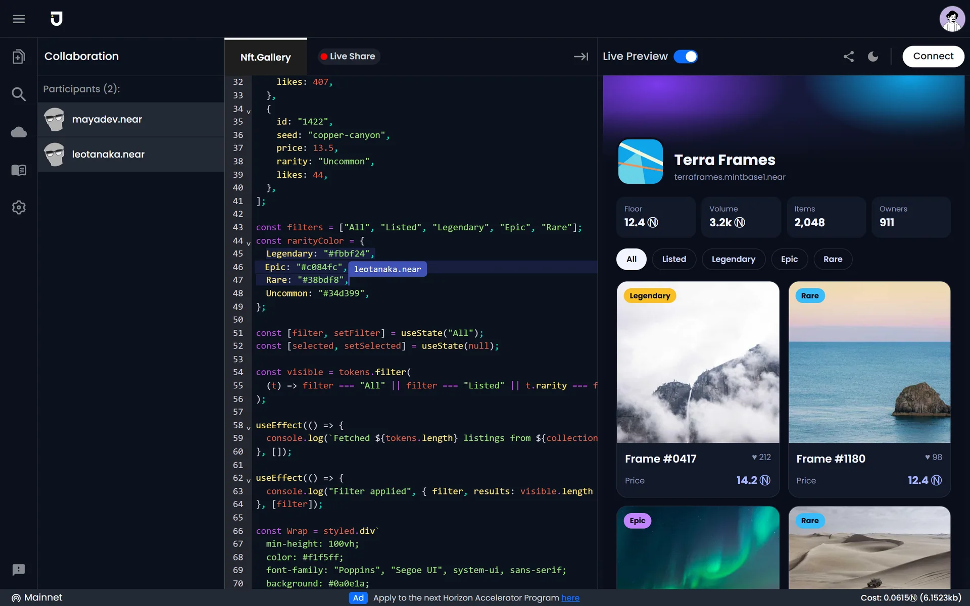 Live Share: two developers editing the same component, with a collaborator's selection and name tag.