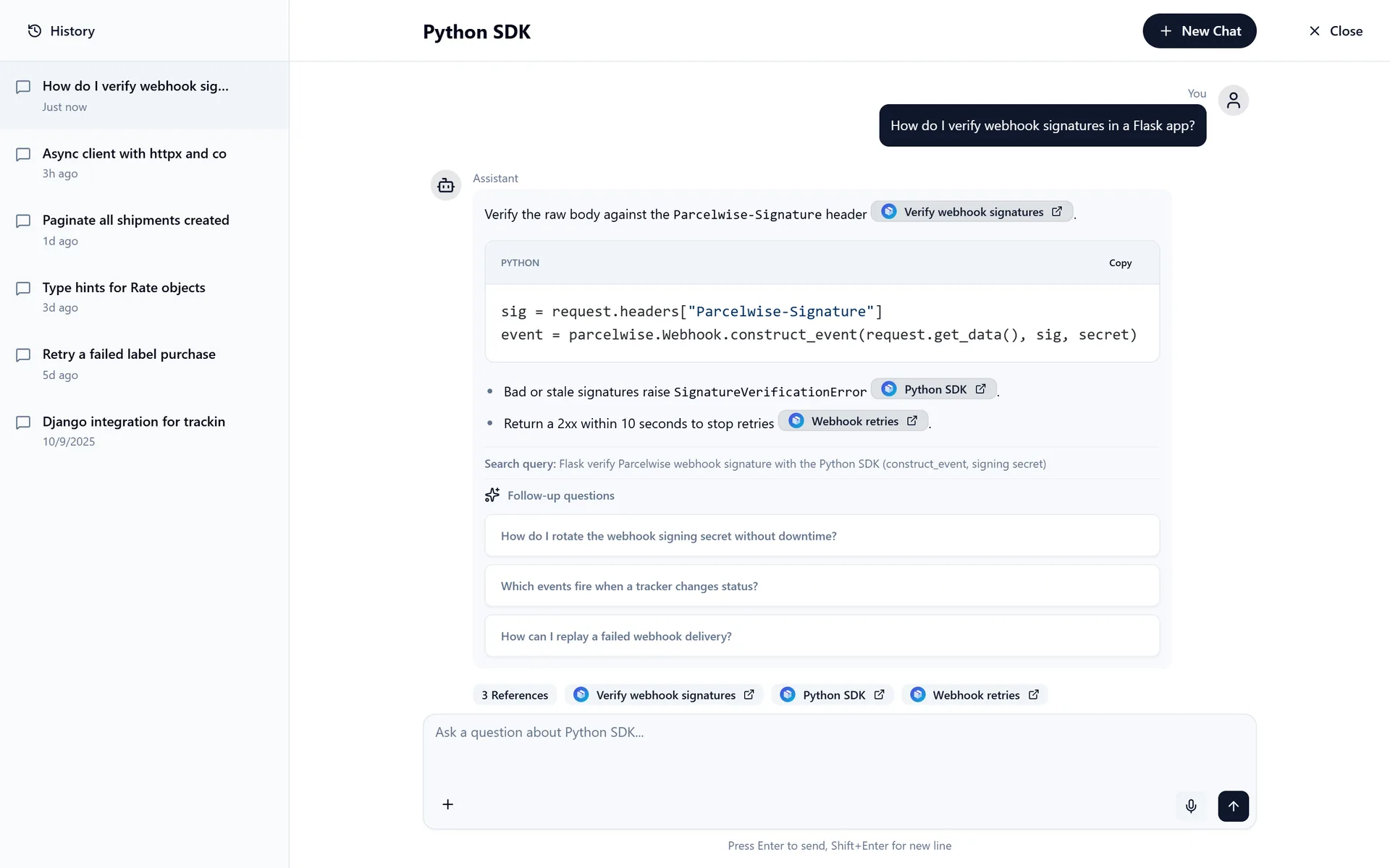 The chat widget opened on that page, with its conversation history and a cited answer.