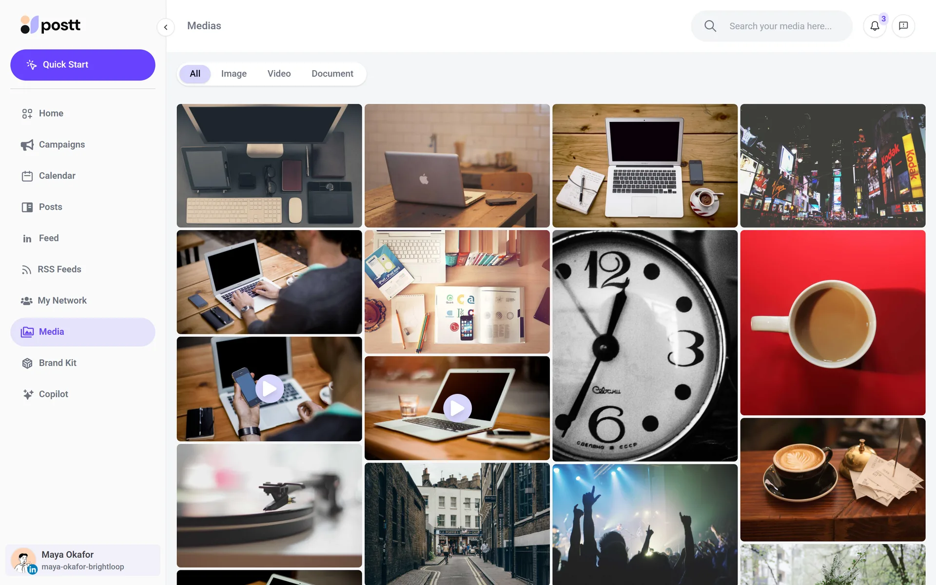The media library of uploaded and AI-generated images and videos.