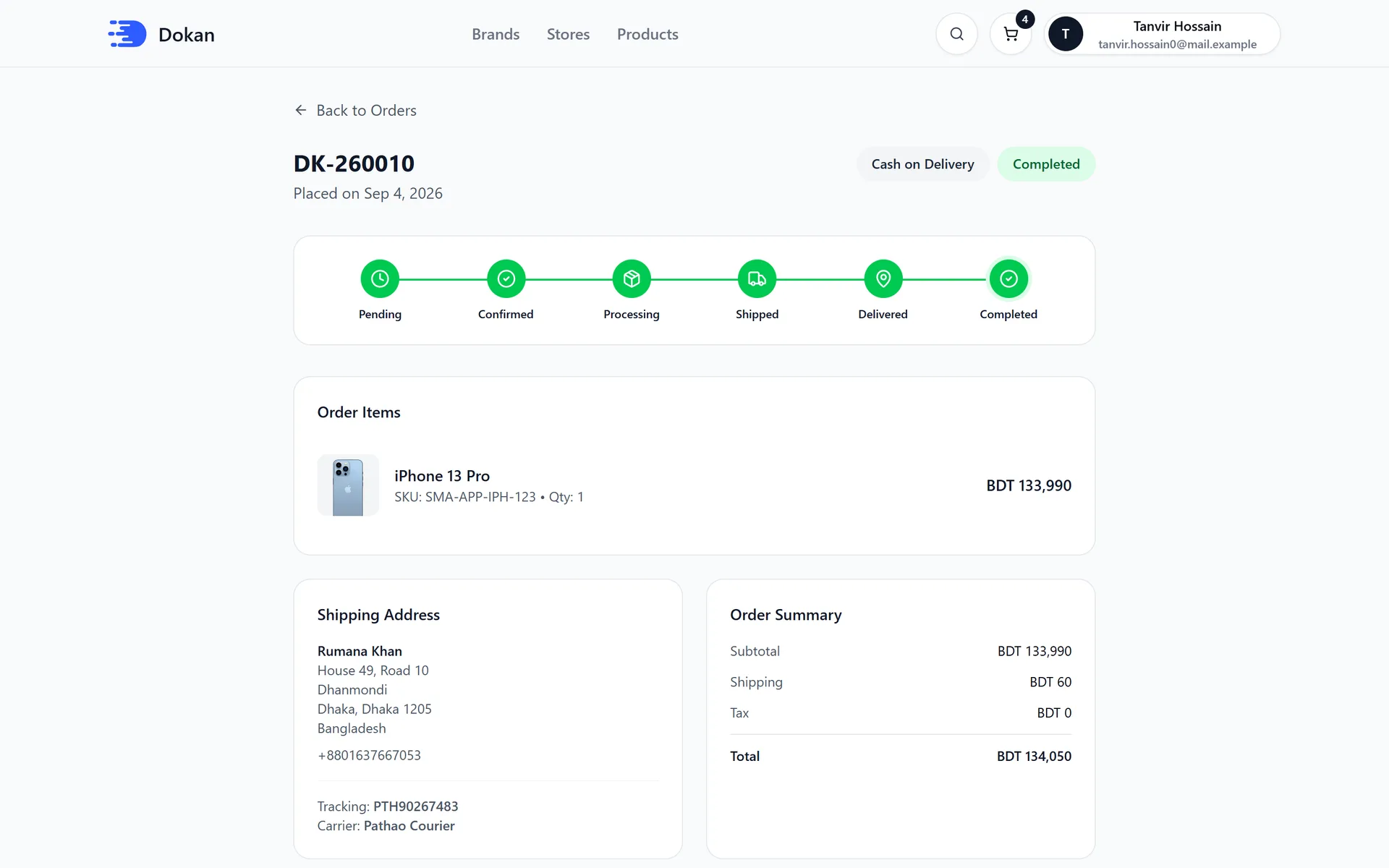 Order tracking for shoppers, with the courier and tracking number.