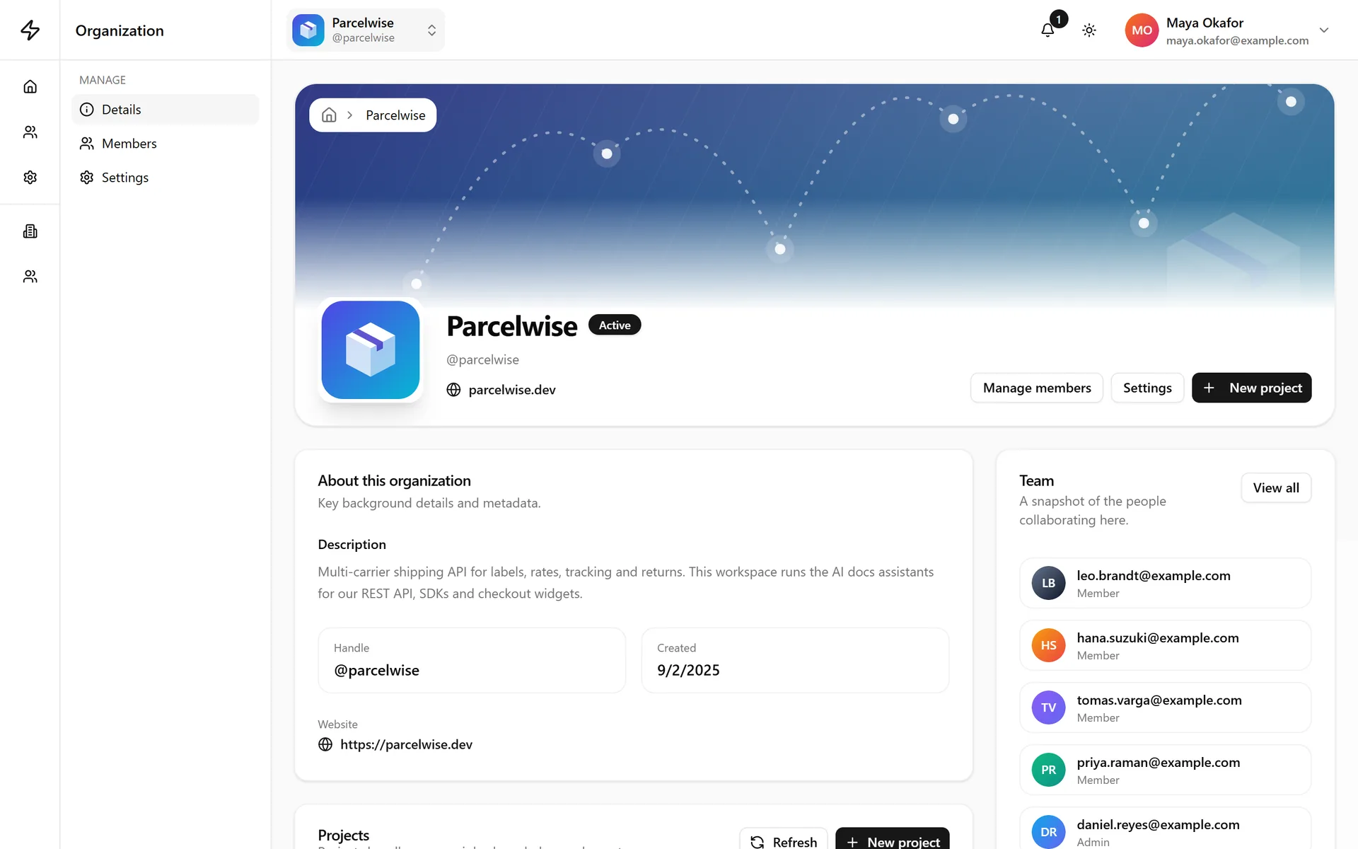 An organization's page, with its branding, details and team.