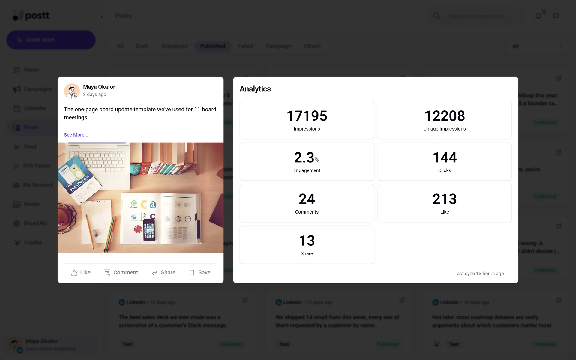 A published post next to its LinkedIn analytics.