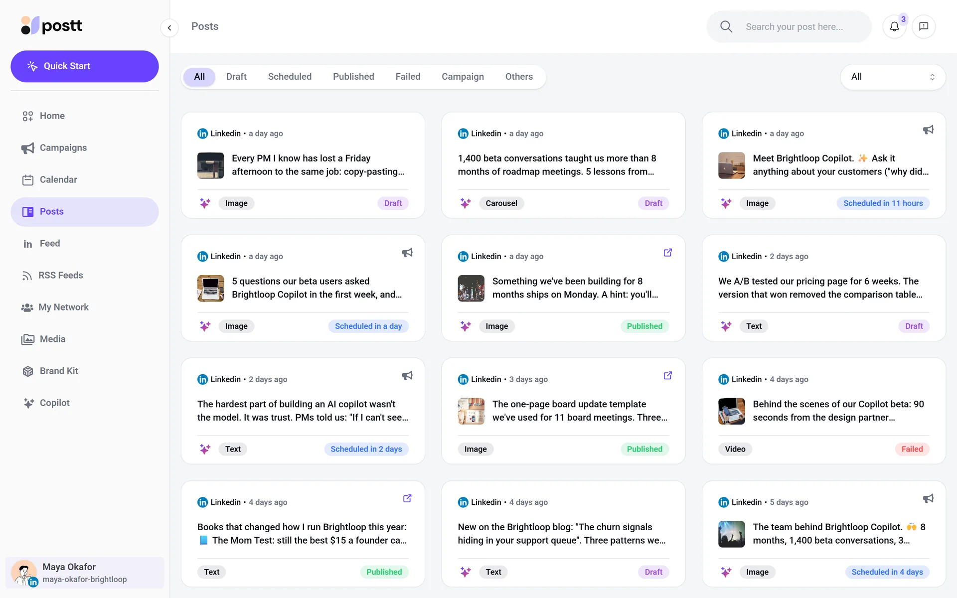 All posts: drafts, scheduled, published and failed, including AI and campaign posts.