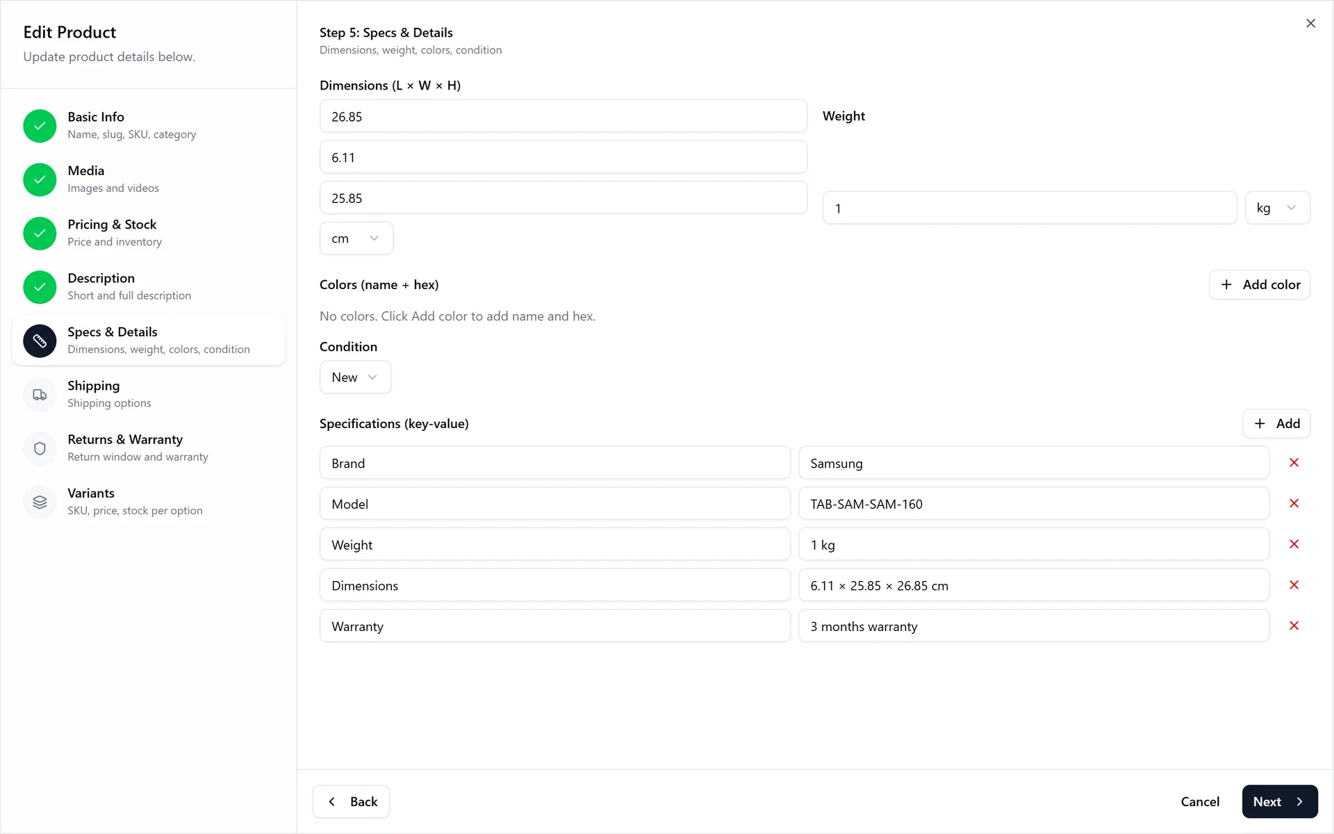 The 8-step product editor, on the specifications step.