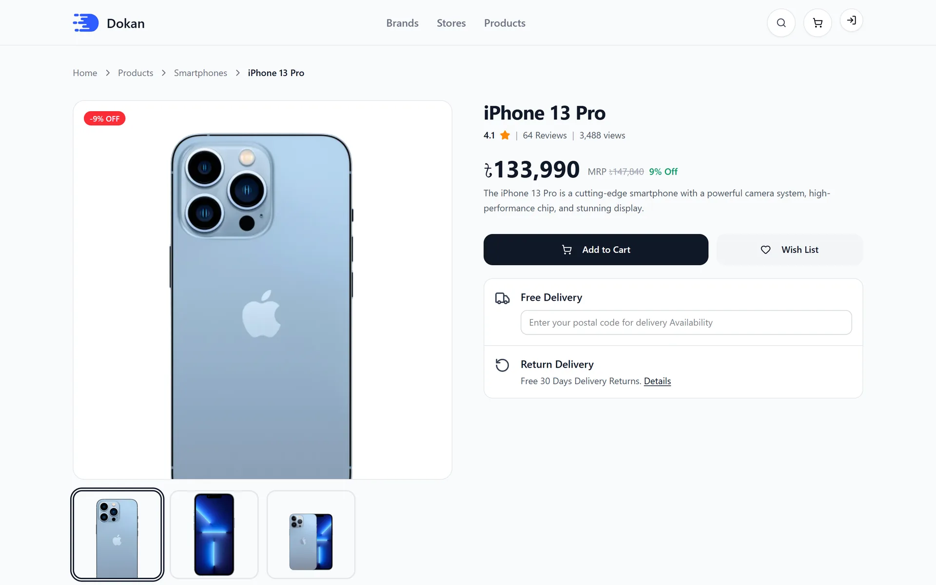 A product page with its gallery, compare-at price, rating and view count.