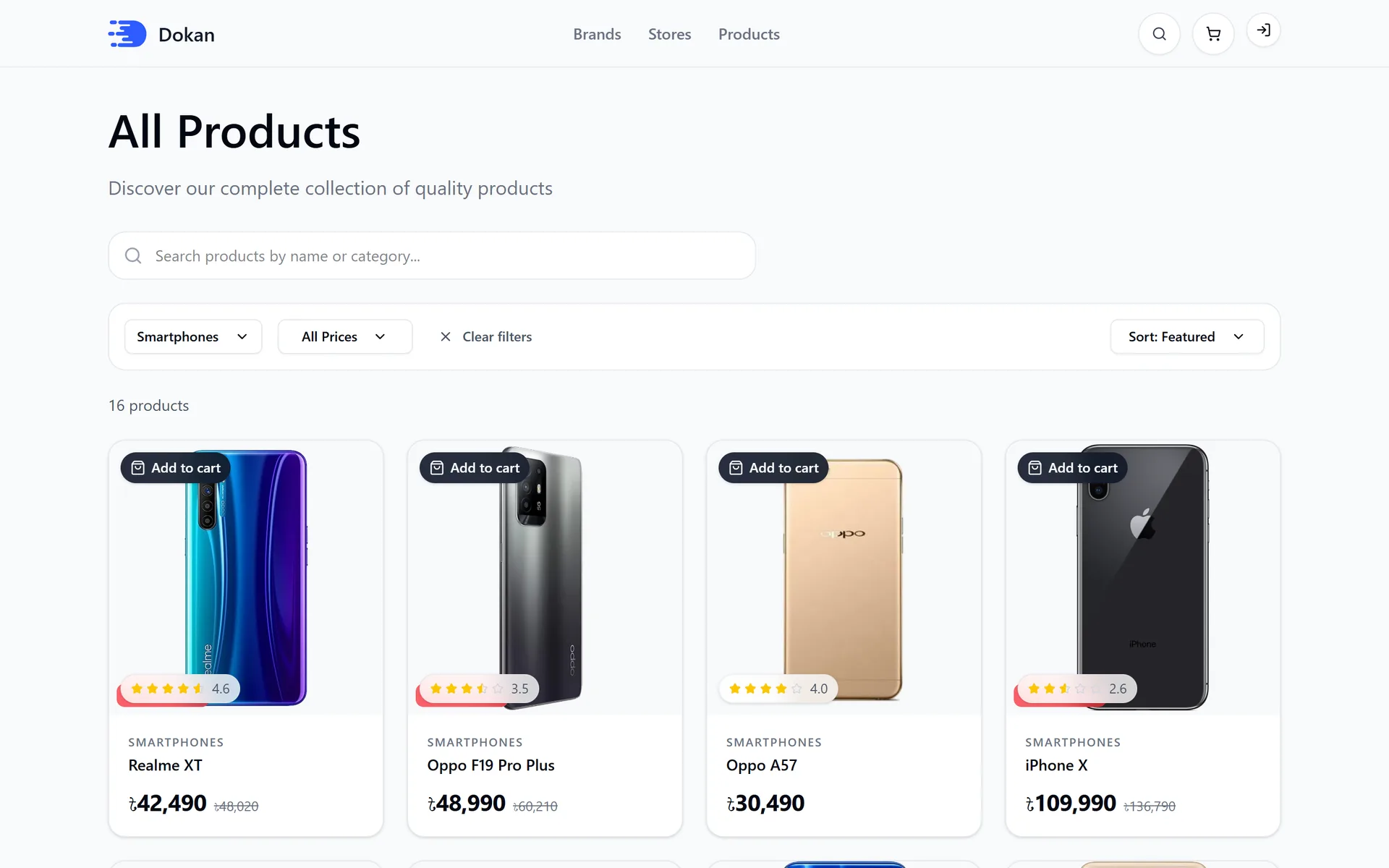 Product listing with search, category, price and sort filters.
