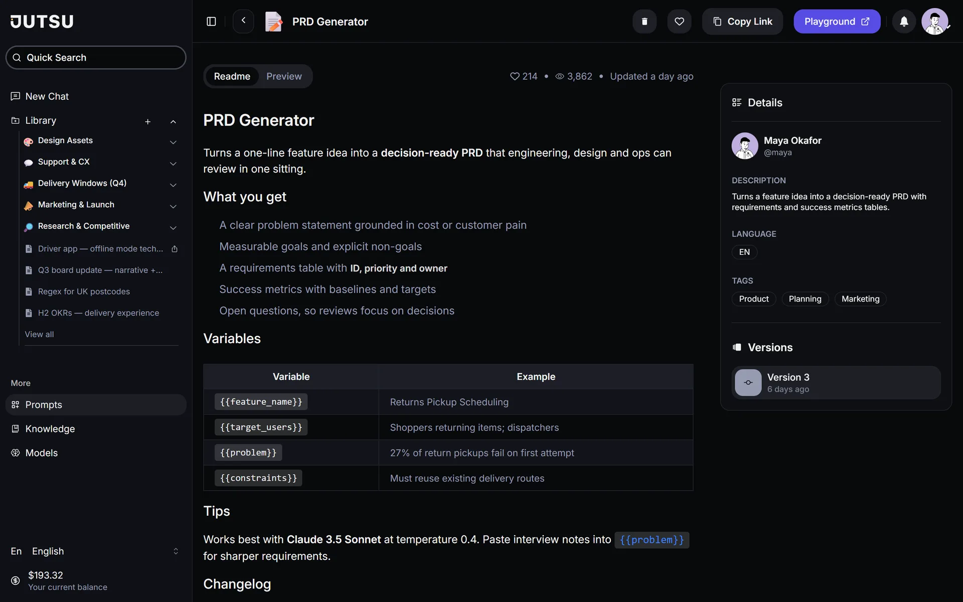A prompt's page: its readme, variables, tags and versions.
