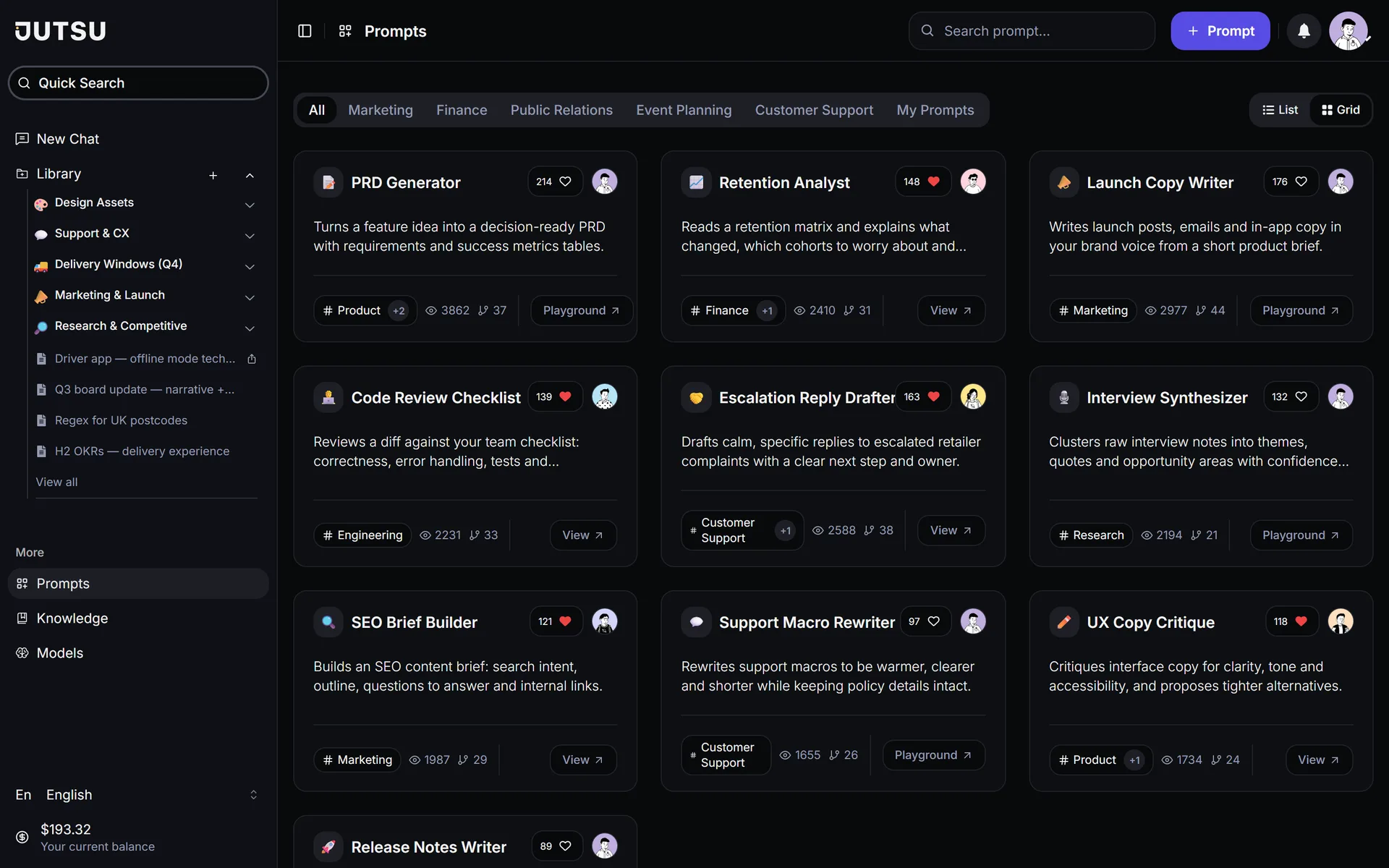 The prompt library, with the team's own prompts and community prompts.