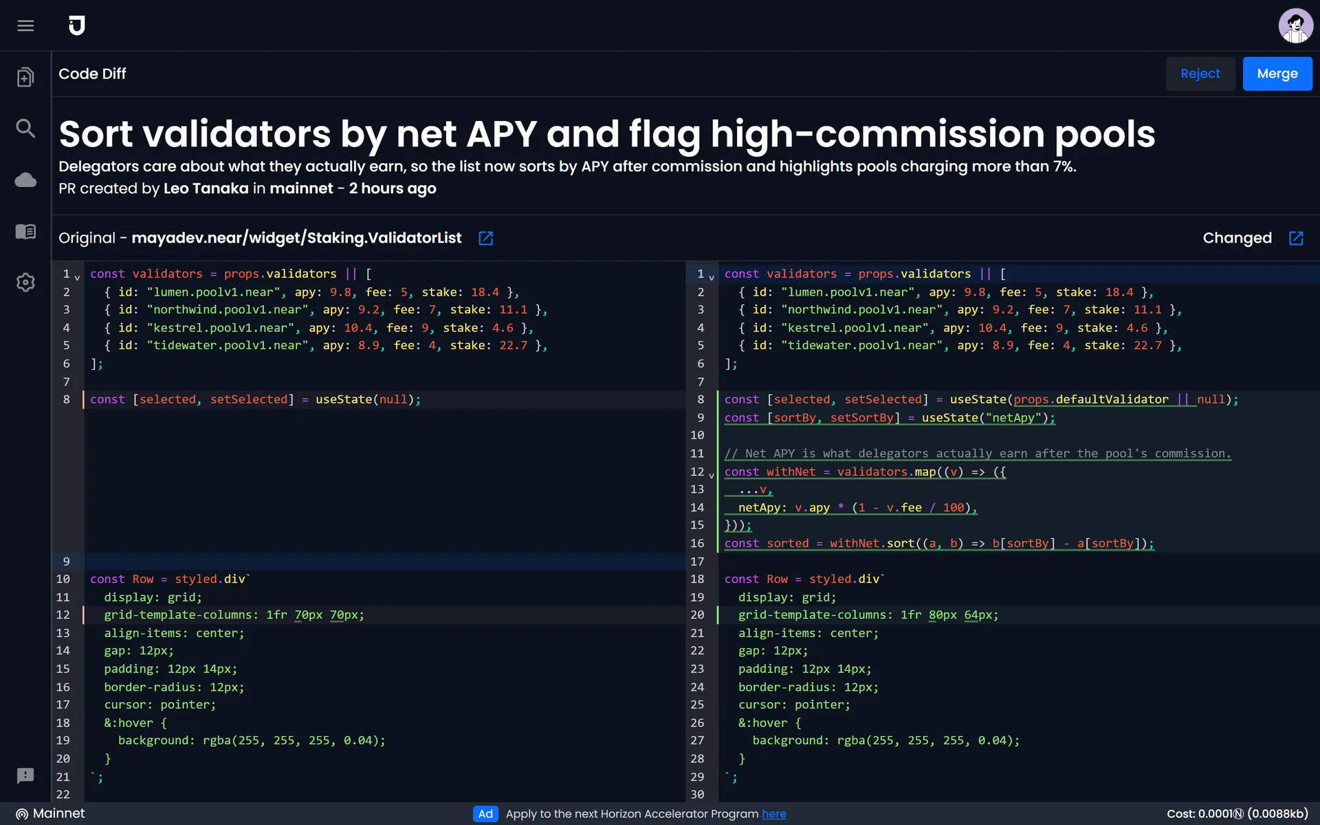 A pull request between developers, reviewed as a side-by-side diff.