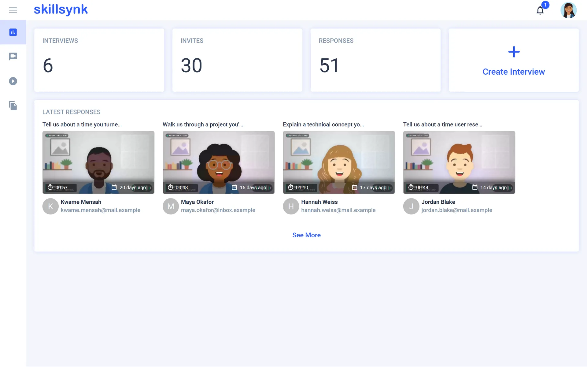 Recruiter dashboard: interviews, invites and responses, with the latest video answers.