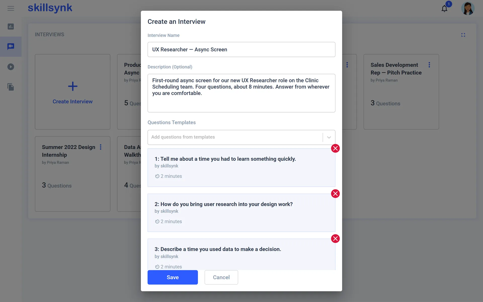 Creating an interview from question templates.