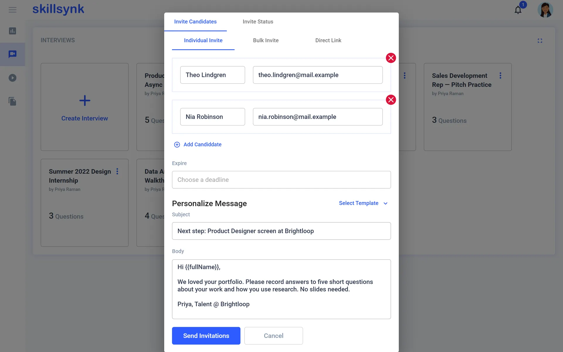 Inviting applicants with a personalised email template.