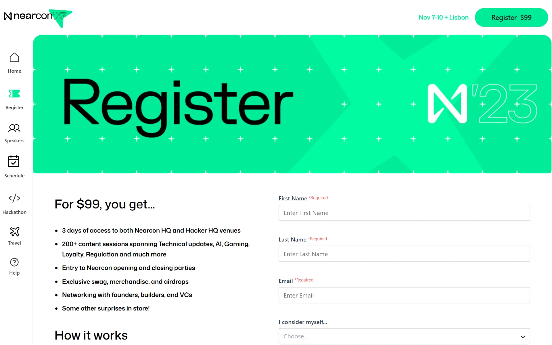 Registration: what the $99 pass included, next to the form that led to checkout.