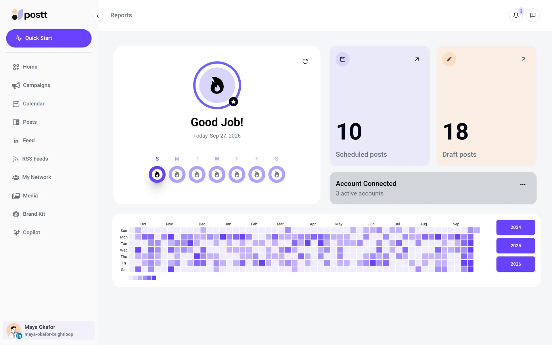 Reports: posting streak, queue and a yearly activity heat-map.