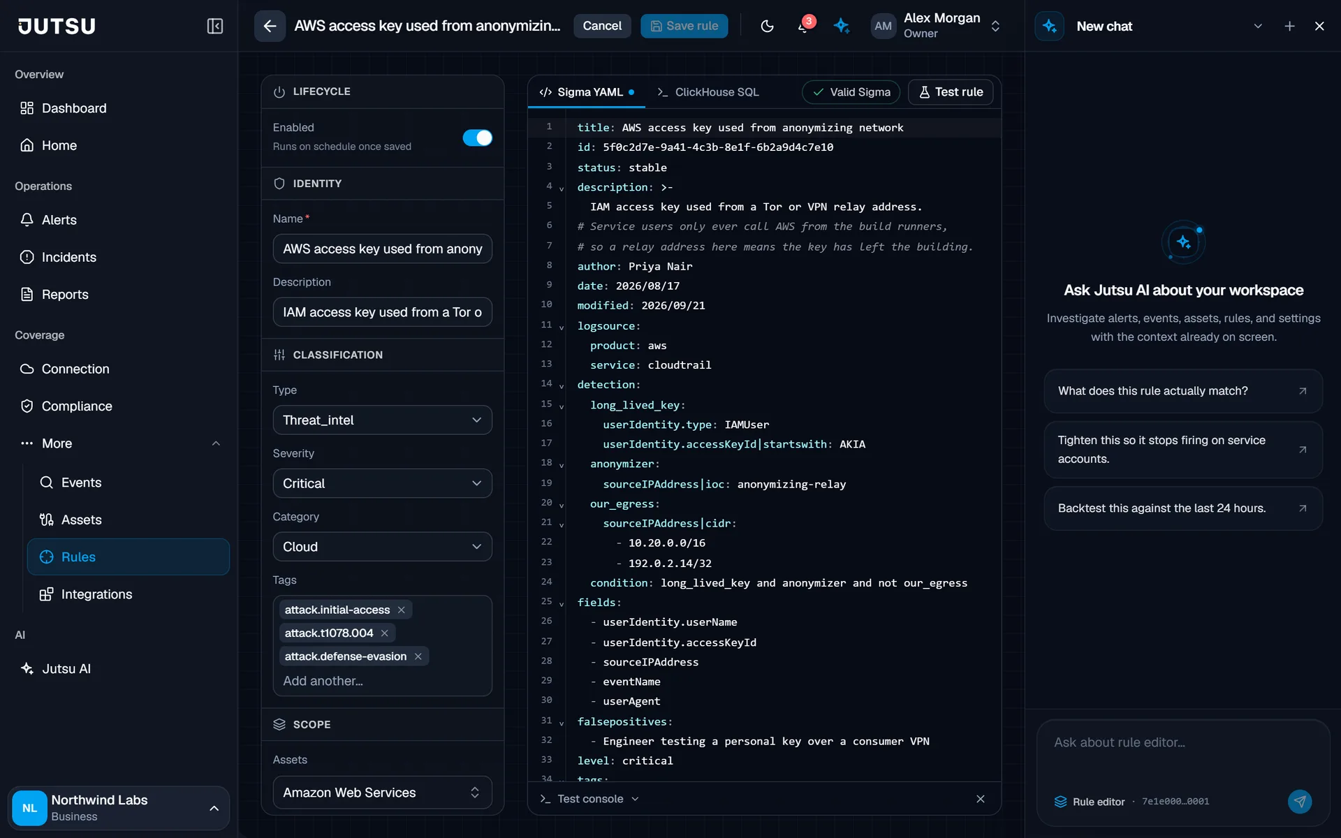 The Sigma rule editor, with Jutsu AI alongside.